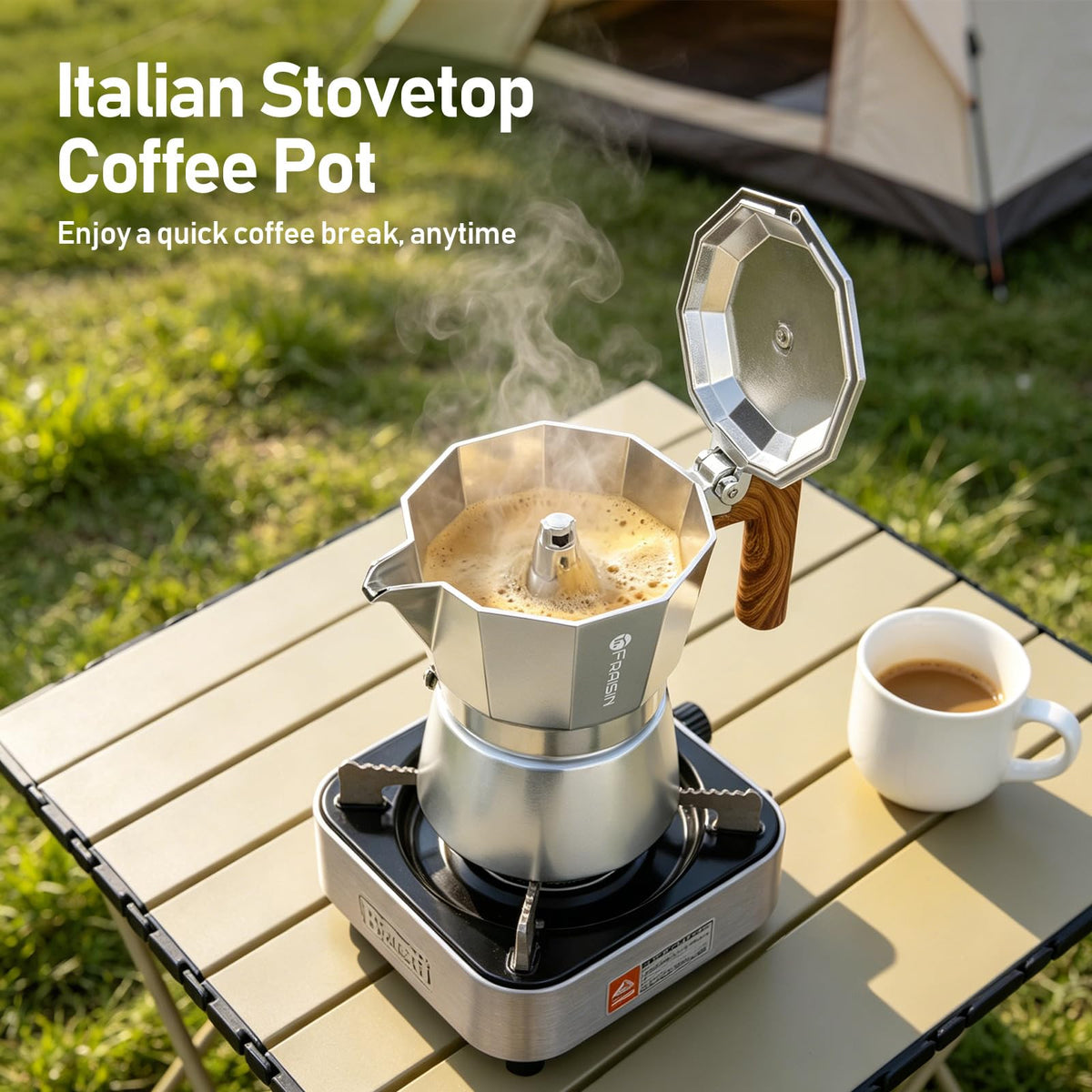 Stovetop Espresso Moka Pot Coffee Maker, Non-slip Wood Grain Handle, Cast Aluminum, Compatible with Gas, and Electric Stoves (Black, 12 cups)