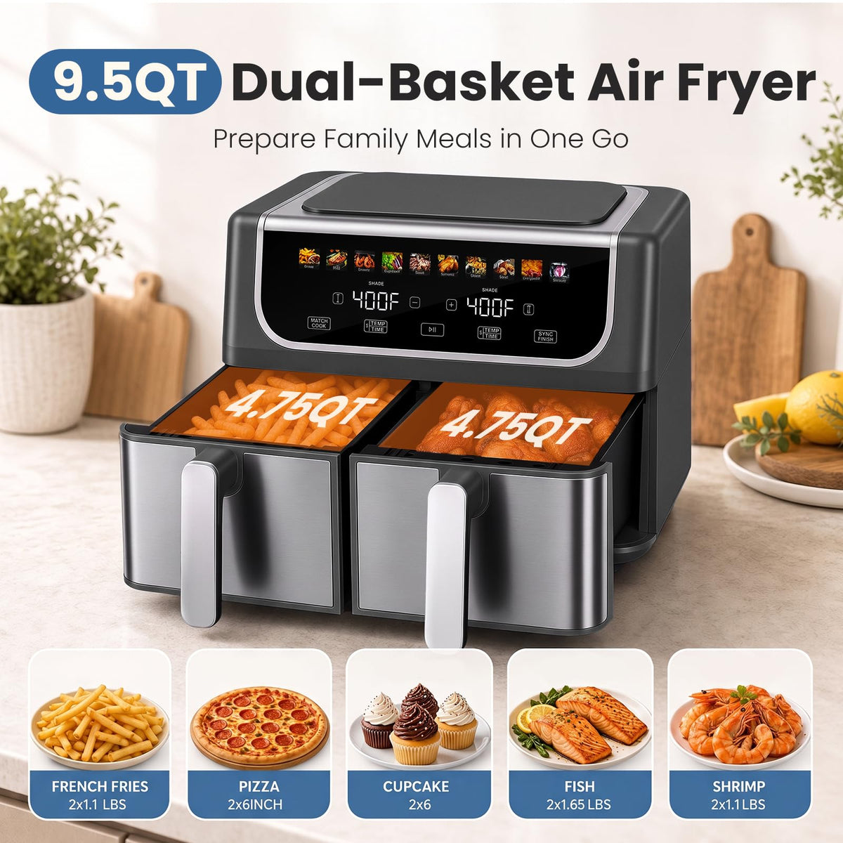 OLIXIS Dual Air Fryers with 2 Baskets 9.5 Quarts Large Airfryer 10-in-1