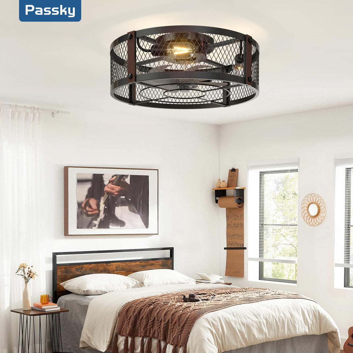 Passky 20" Caged Ceiling Fans with Lights and Remote, Low Profile Fandelier
