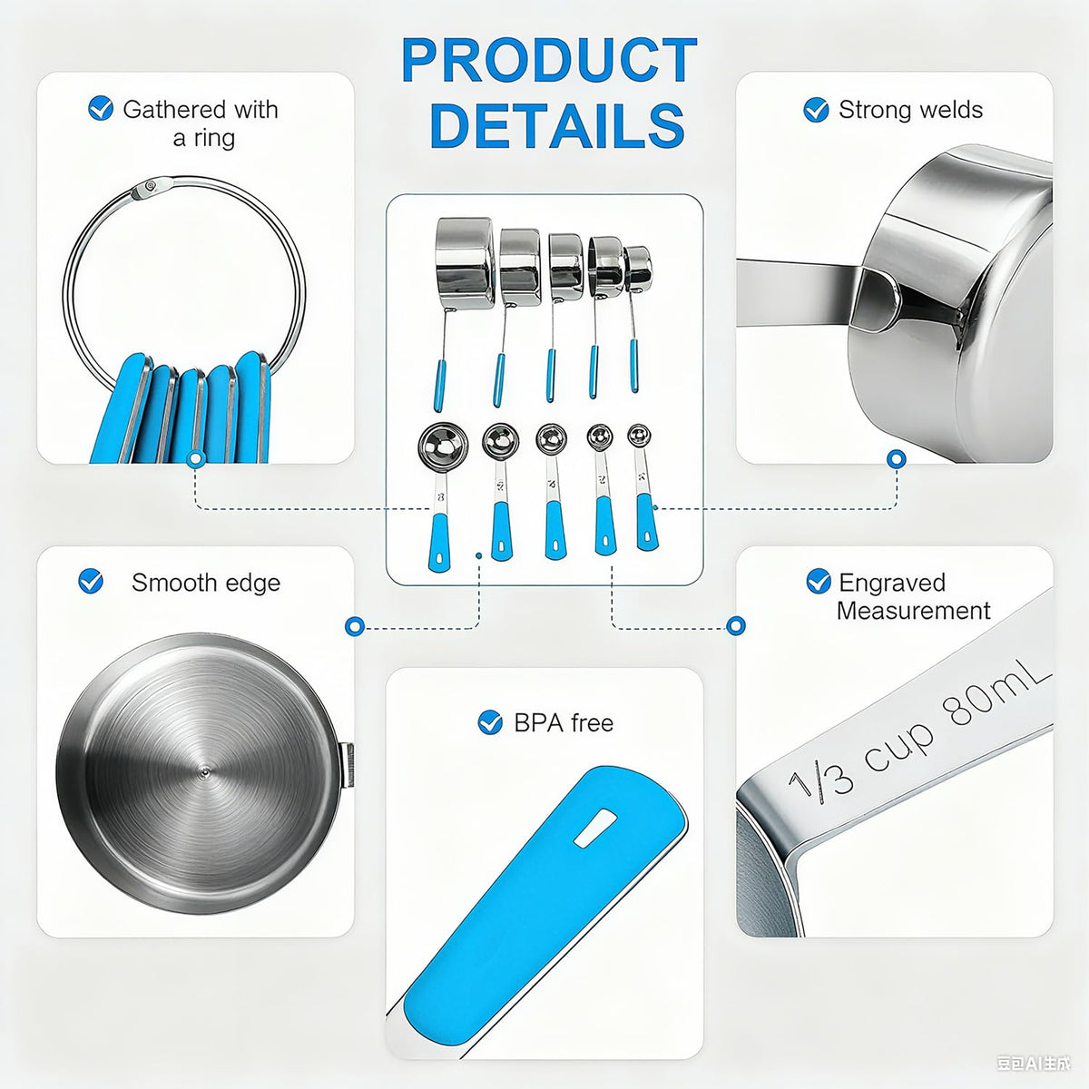 10-Pcs Stainless Steel Measuring Cups & Spoons Set, Colorful Handles