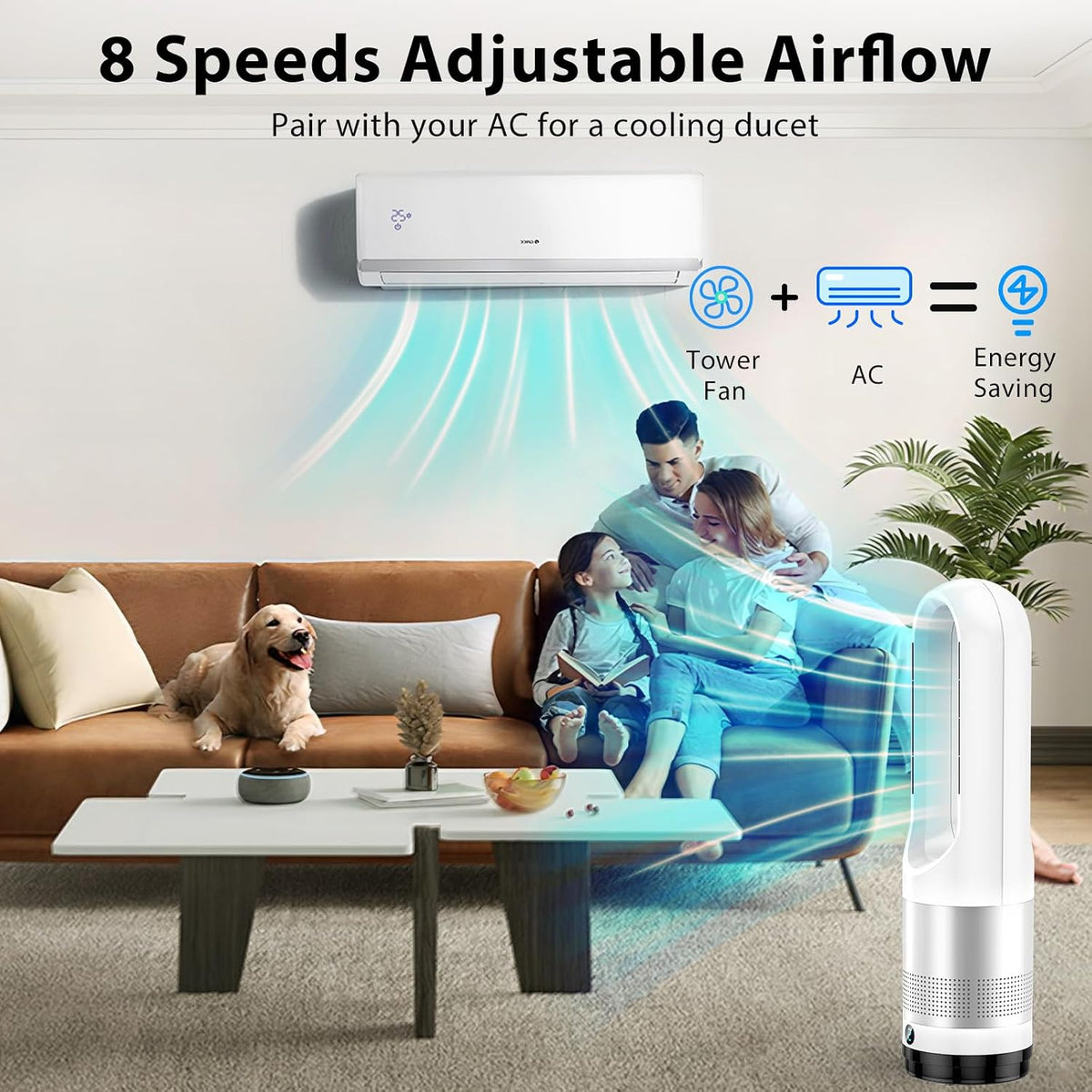 Bladeless Tower Fan, 1400W Space Heater & 40W Cooler Fan Combo with Remote, 80°Oscillation, 8 Speeds and 3 Heating Modes, 9H Timer, LED Display, Fast Safety Heat and Quiet for Bedroom, Kitchen, Office