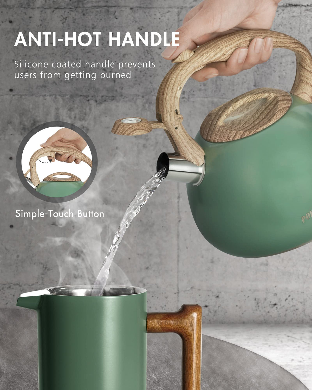 POLIVIAR Tea Kettle, 2.7 Quart Natural Stone Finish with Wood Pattern Handle Loud Whistle Food Grade Stainless Steel Teapot, Anti-Hot Handle and Anti-Rust, Suitable for All Heat Sources (JX2018-GR20)