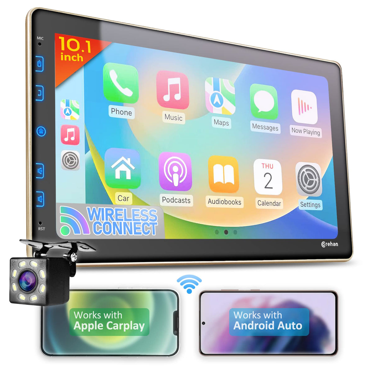 Double Din Car Stereo Compatible with Wireless Apple Carplay, Android Auto - 7" Touch Screen Car Audio Receiver with Bluetooth, AUX, FM Car Radio