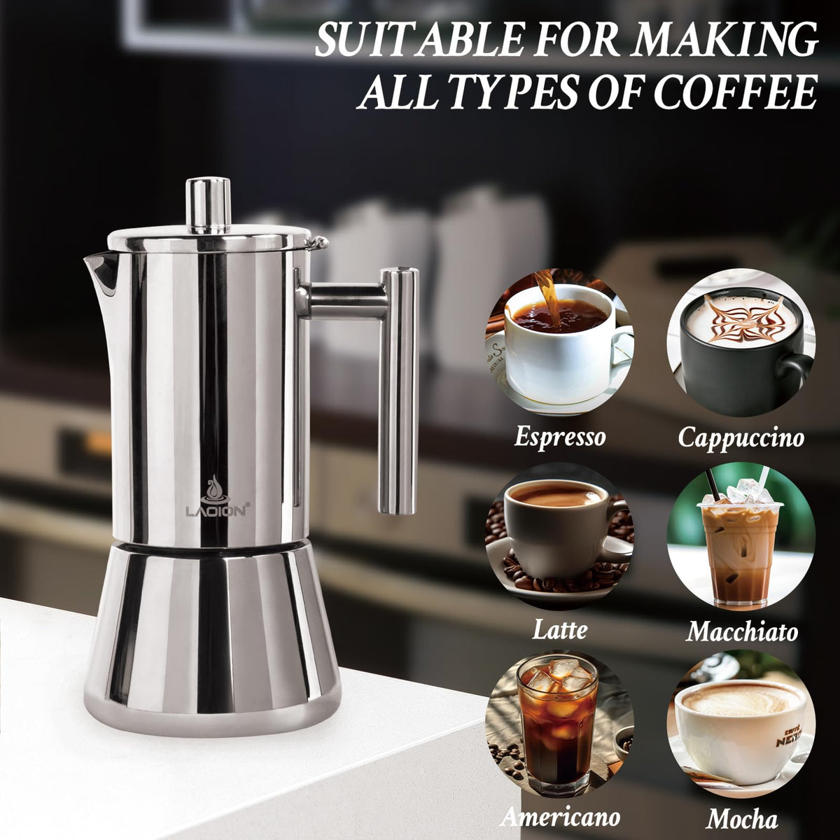LAOION Stovetop Espresso Maker, 6Cup 10 oz Moka Pot, Stainless Steel