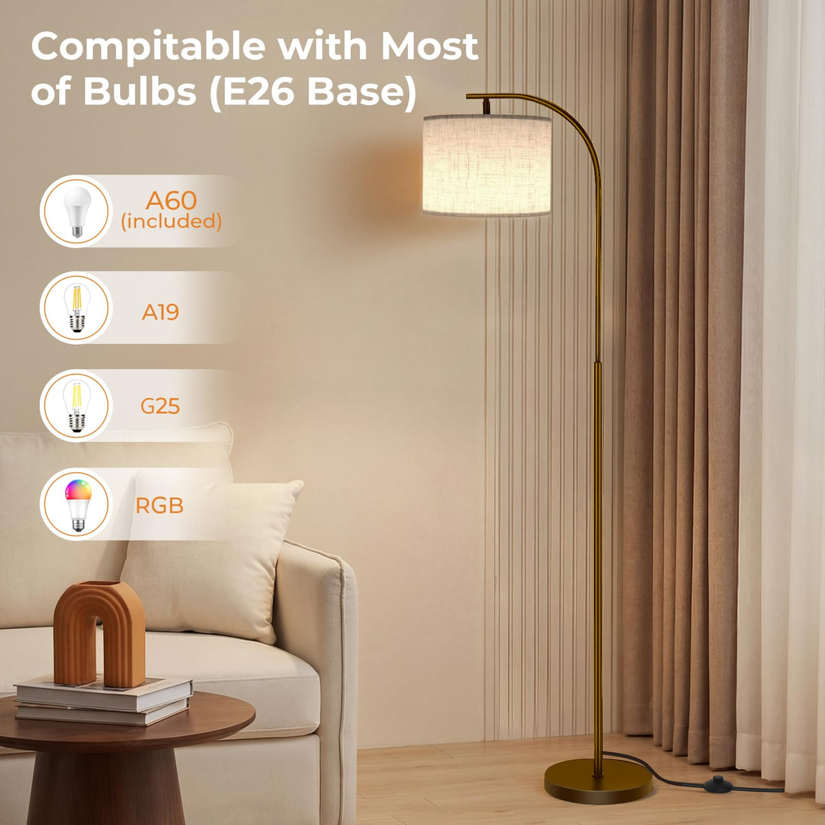 SIBRILLE Floor Lamp with Linen Shade, Arc Dimmable Tall Standing Lamp with Remote Control, Modern Floor Reading Light for Living Room Bedroom Office Corner, 9W LED Bulb Included