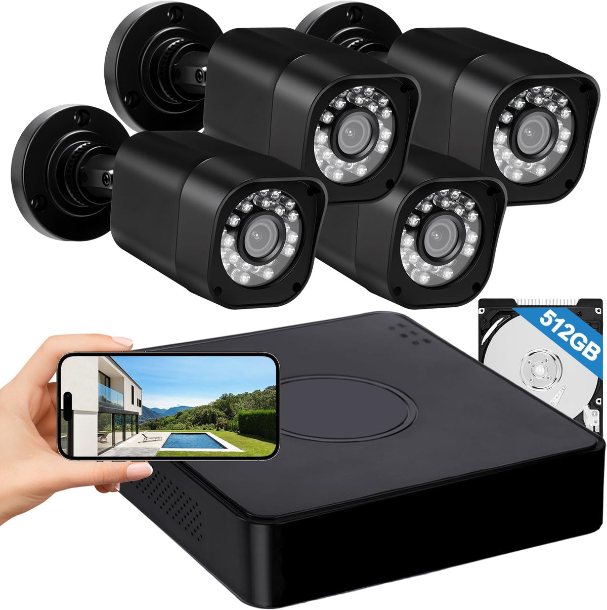 4CH Wired Security Camera System, AIWIXEN DVR with 512GB HDD, 4X 1080P Cam