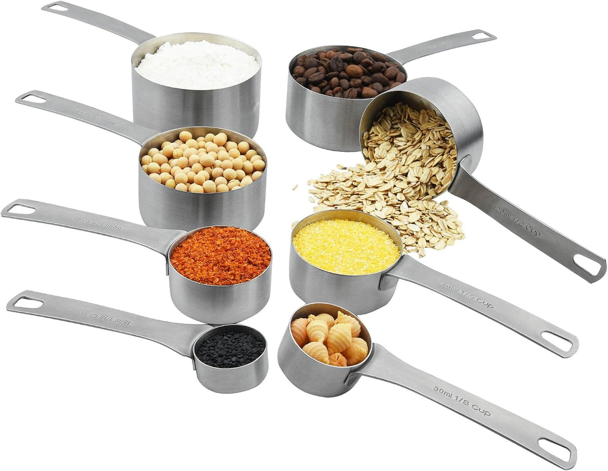 Measuring Cups Set 8, 18/8 Stainless Steel Measuring Cup for Dry & Liquid, Metric & US Measurement Cups for Kitchen & Baking, Heavy Duty Measure Cups with 1/16,1/8,1/4,1/3,1/2,2/3,3/4 &1 Cup