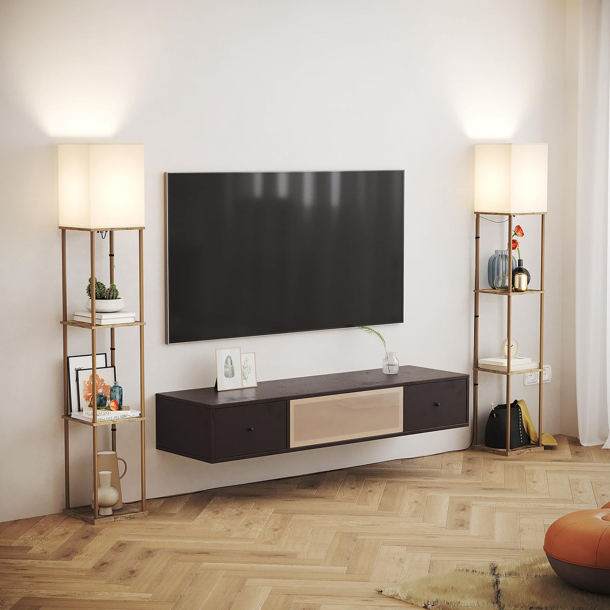 SUNMORY Floor Lamp with Shelves, Standing Lamps for Living Room, Black