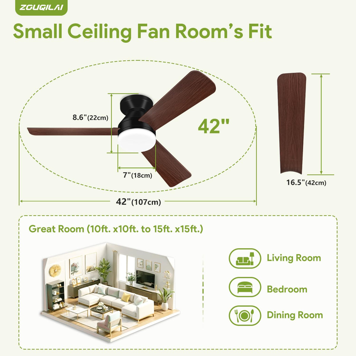 42'' Black Low Profile Ceiling Fans with Lights and Remote Control