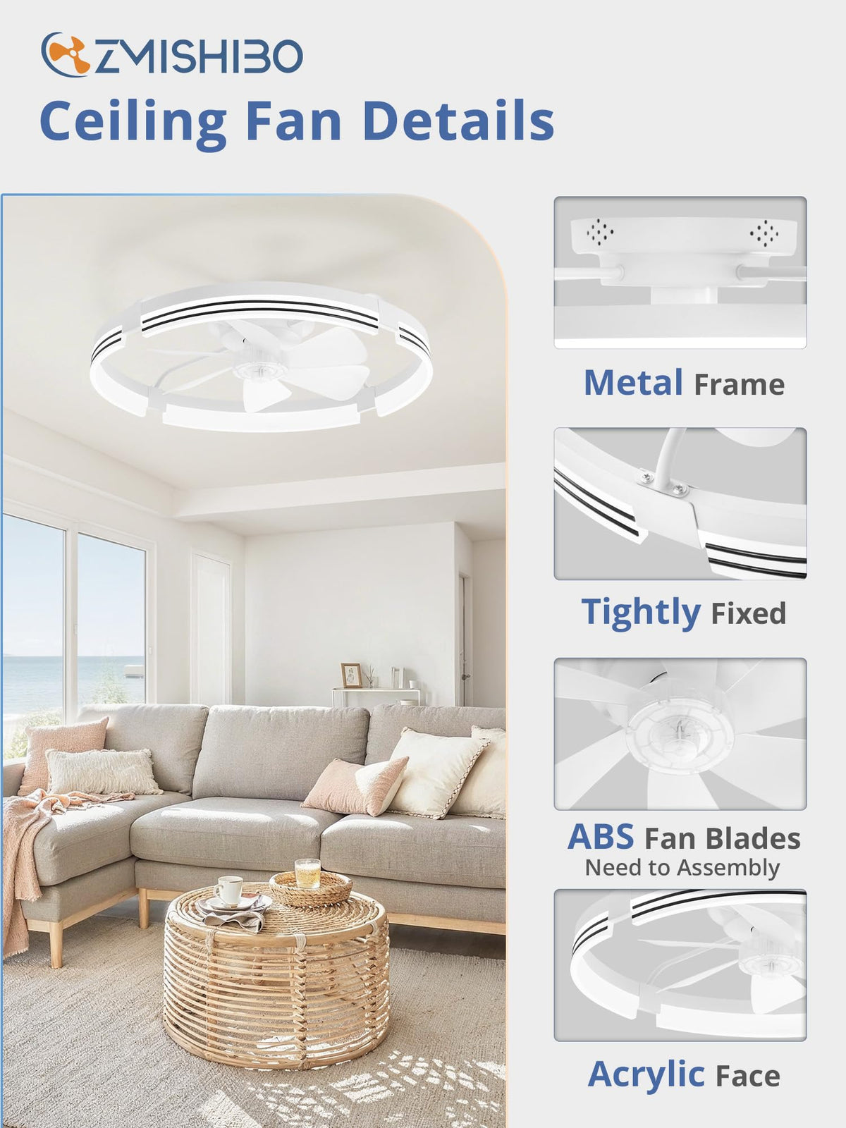 ZMISHIBO Low Profile Ceiling Fans with Lights and Remote, 20" Black