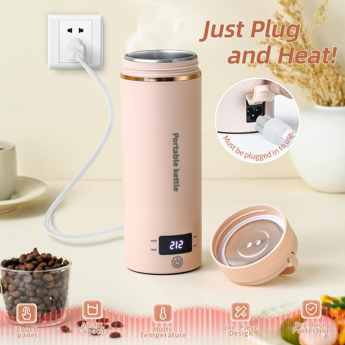 Portable Electric Kettle for Travel 120V, 13.5oz, 4 Temp Settings