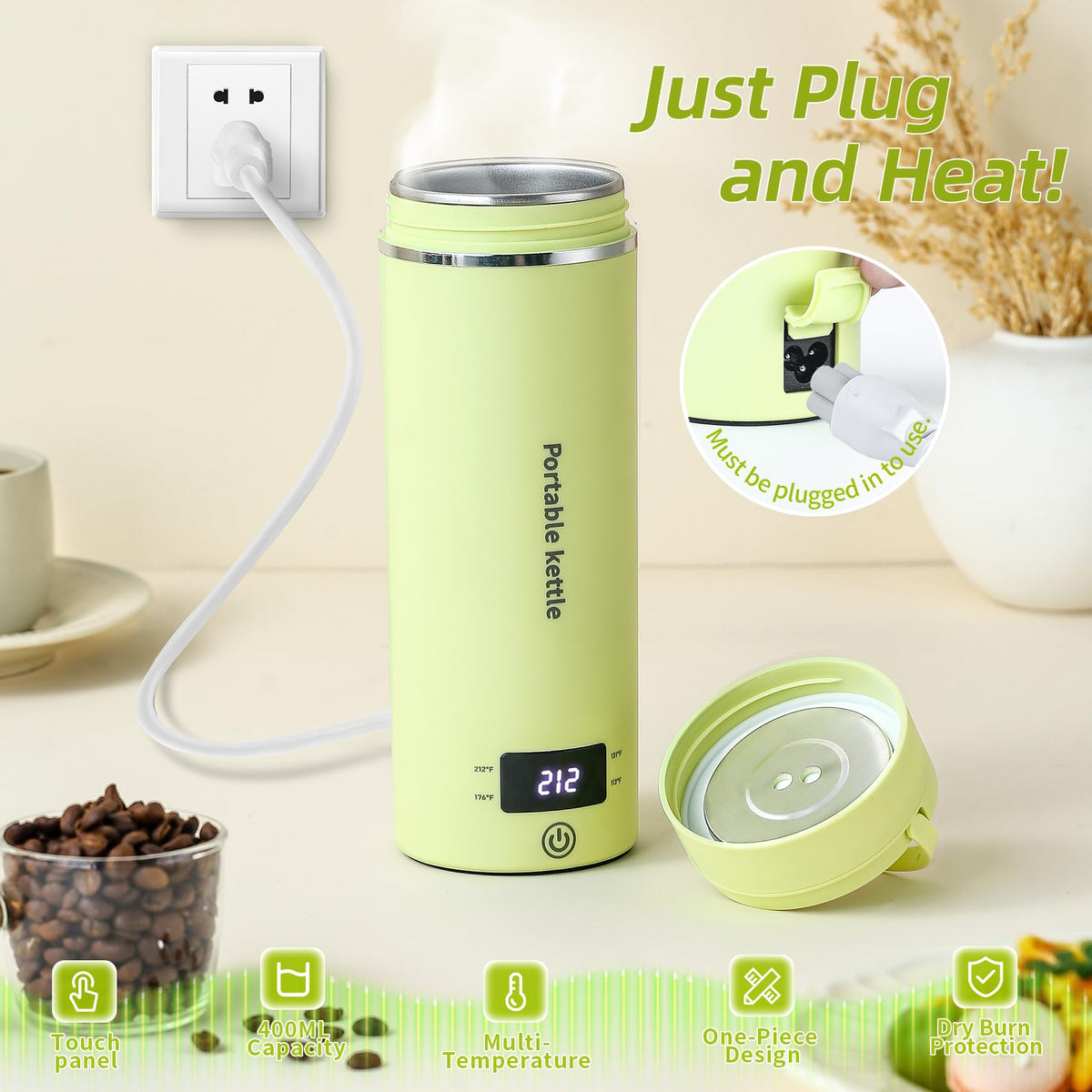 Portable Electric Kettle for Travel 120V, 13.5oz, 4 Temp Settings