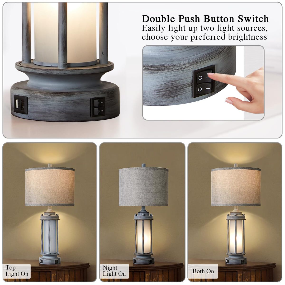 AIEAMPDO 25'' Set of 2 Farmhouse Table Lamps for Living Room with USB C+A