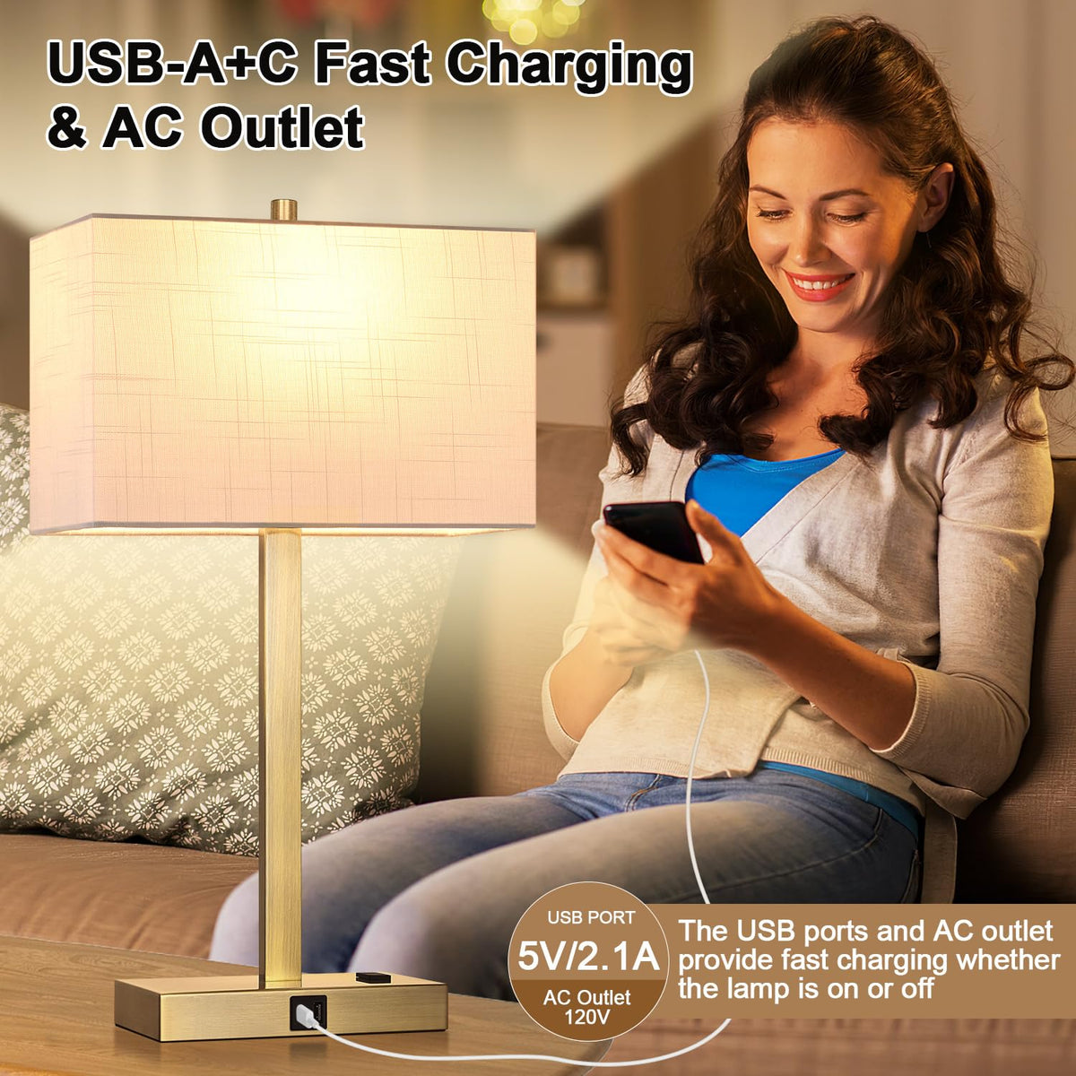 Lynnoland Set of 2 Touch Control Table Lamps with 2 USB & AC Outlet, 3-Way Dimmable Bedside Nightstand Lamps for Bedroom Living Room Nursery, 800 Lumens 5000K Daylight Bulbs Included