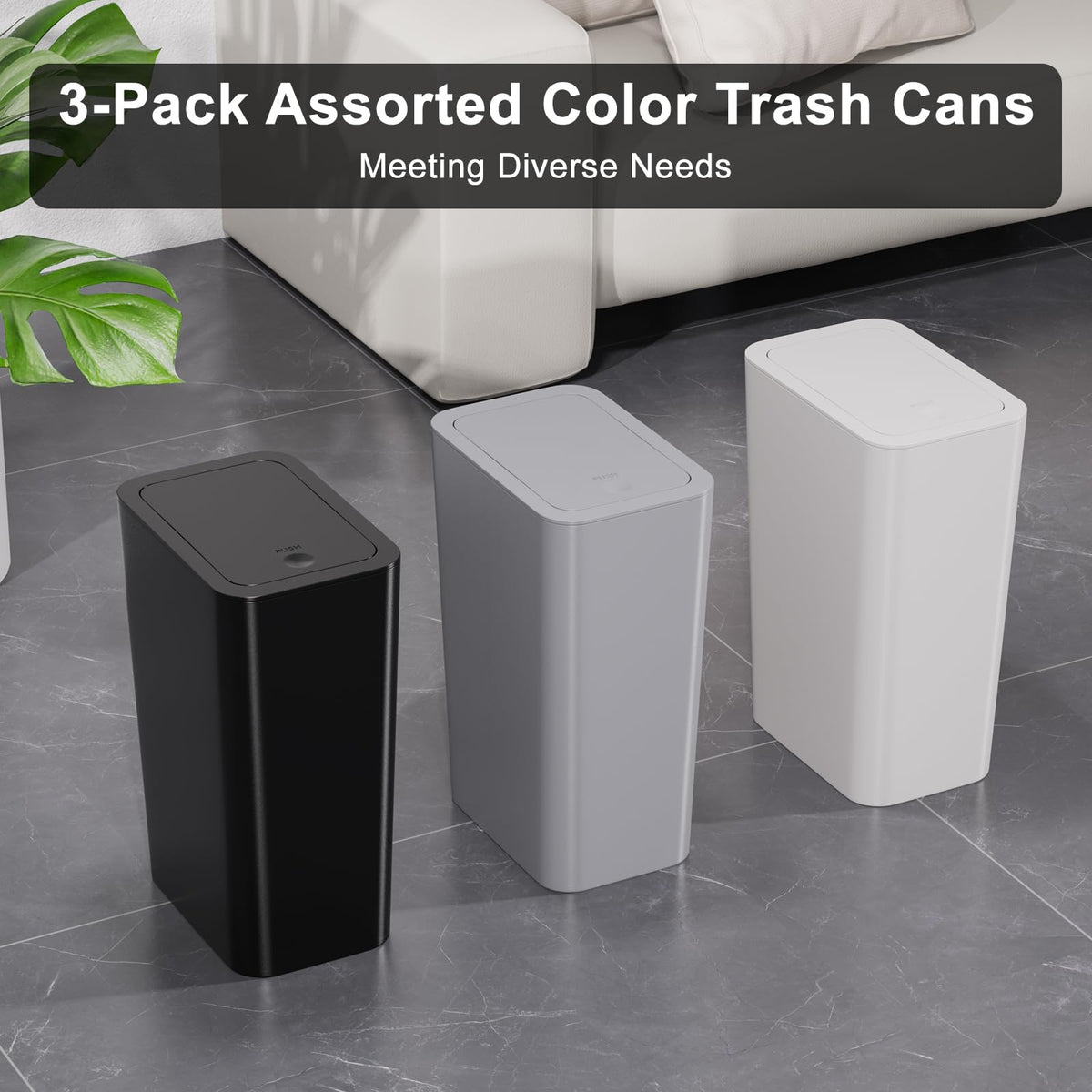N. NETDOT 3 Pack 10L / 2.6 Gallon Small Trash Can with Lid, Bathroom Garbage Can with Pop-Up Lid, Waste Basket for Bathroom, Kitchen, Bedroom, Powder Room, Craft Room, Office, College (Off White)