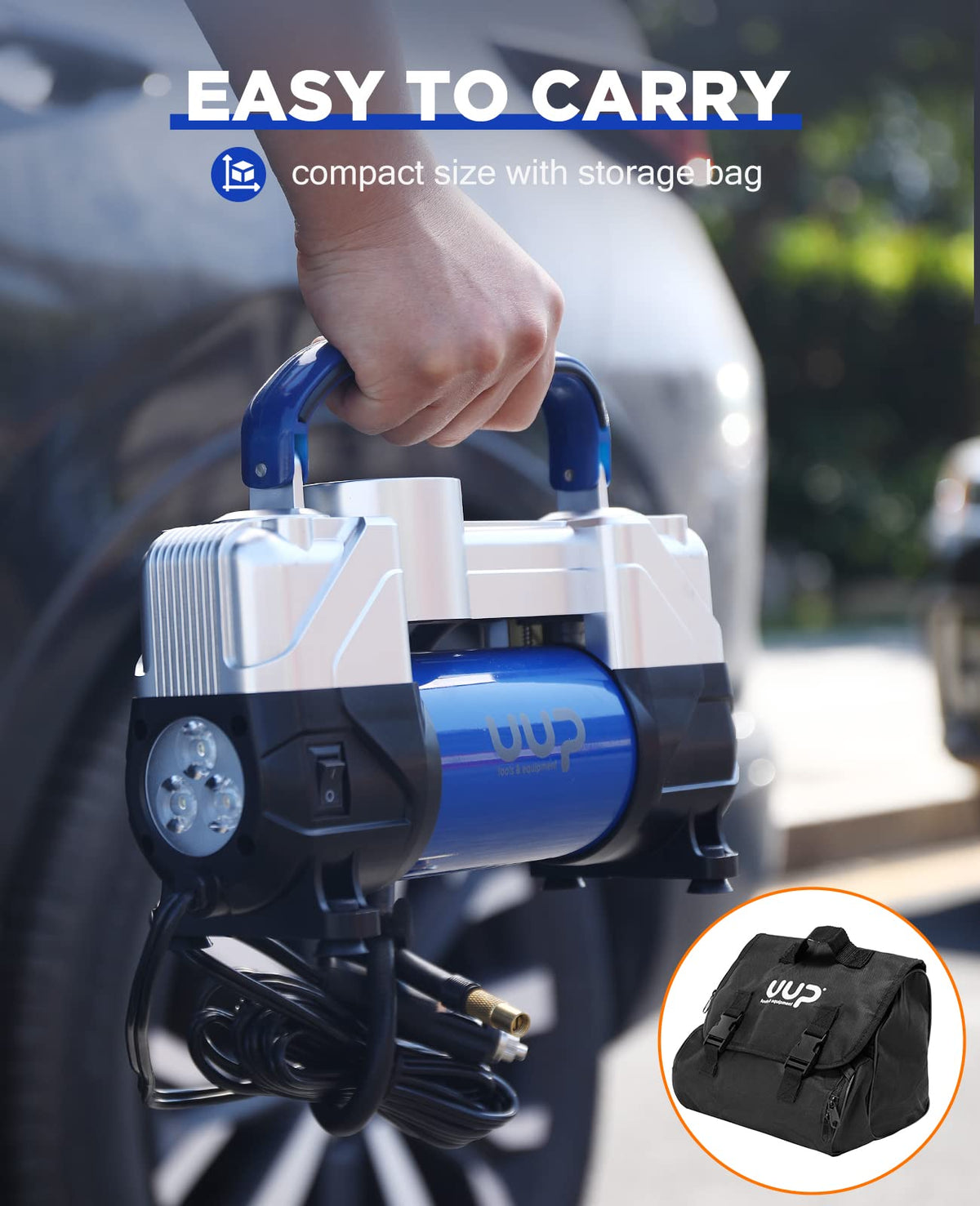Portable 12V Air Compressor, 150 PSI Tire Inflator with Dual Cylinders