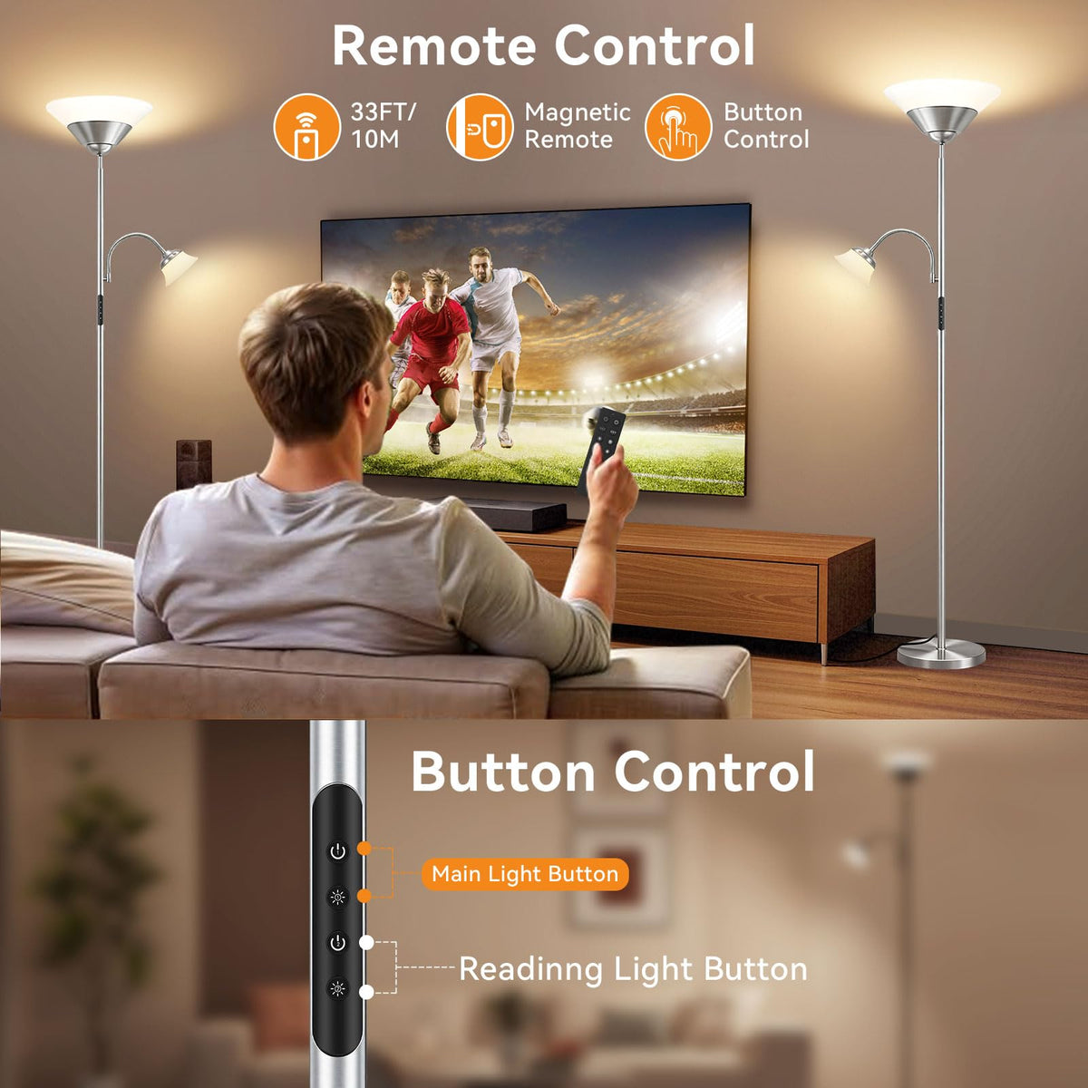 SIBRILLE 2-in-1 Torchiere Floor Lamp, 34W Super Bright LED Standing Lamp with Remote & Touch Control, 72" Dimmable Adjustable Corner Reading Lamp for Living Room, Bedroom, Office, Black