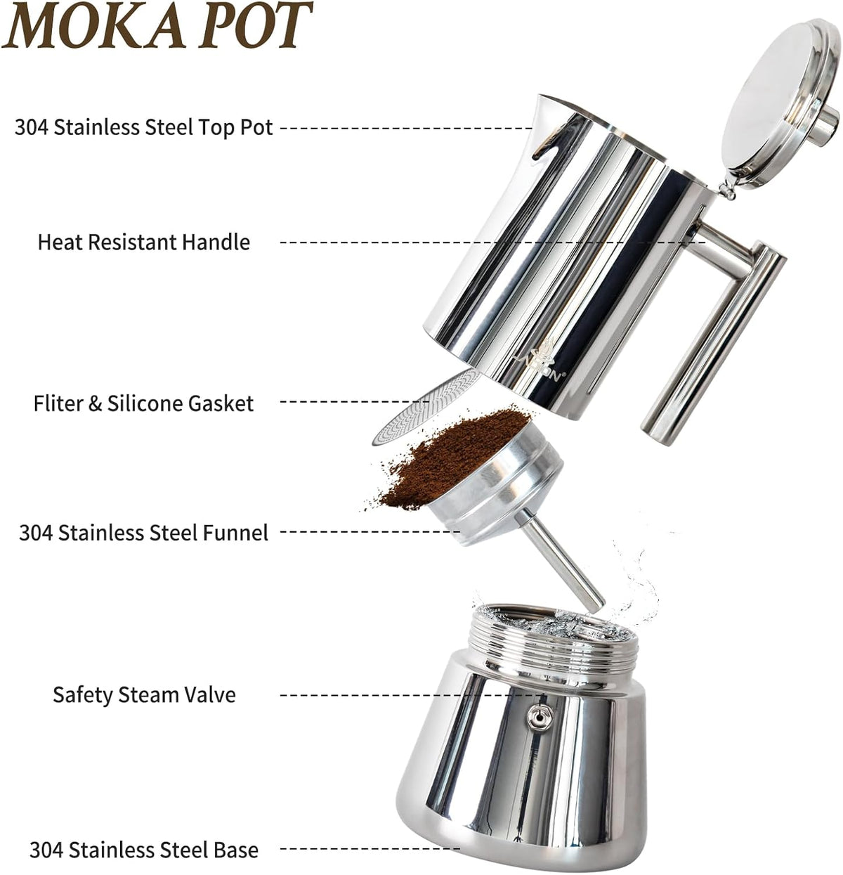 LAOION Stovetop Espresso Maker, 6Cup 10 oz Moka Pot, Stainless Steel