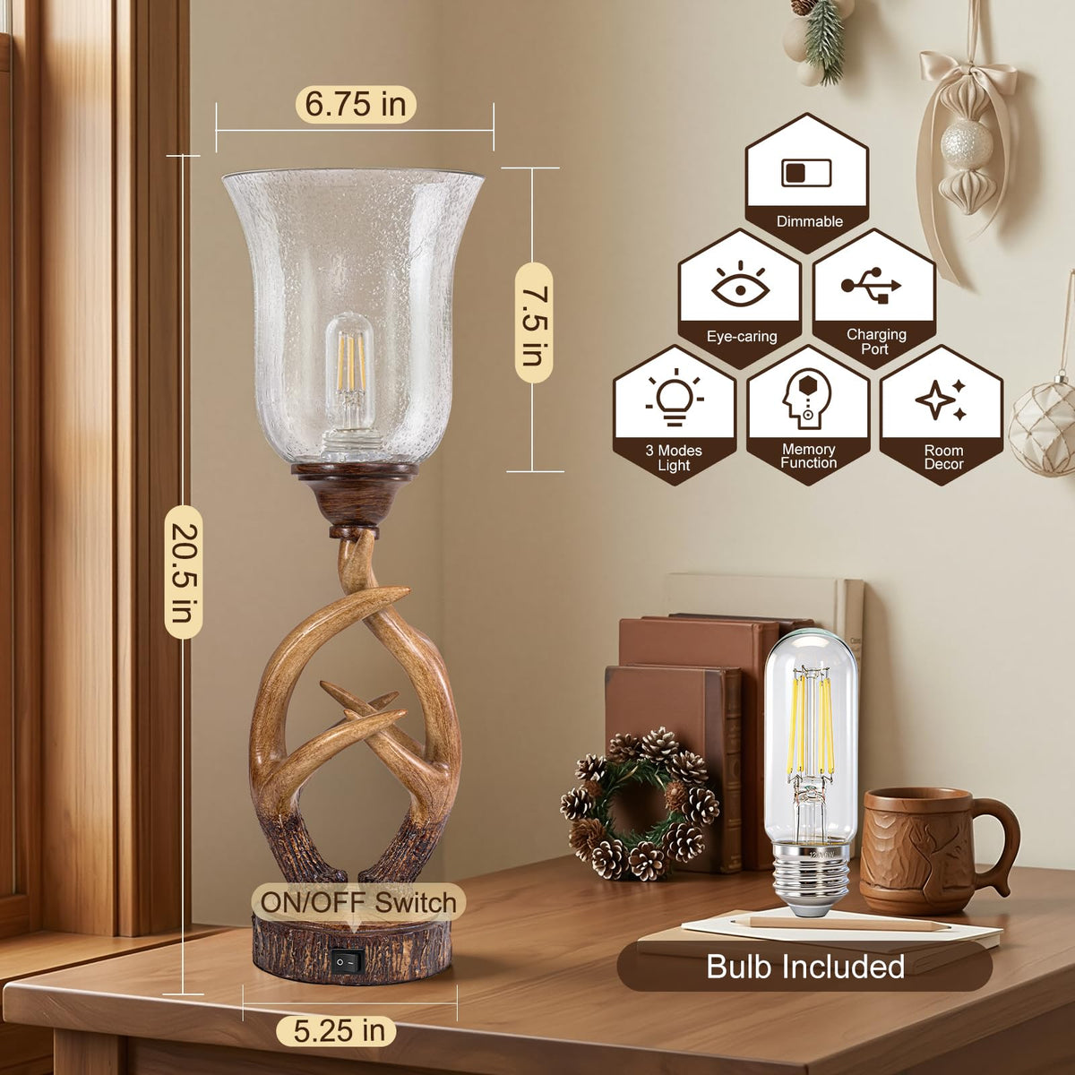 Scenekoy Deer Antler Table Lamp Set of 2 with Nightlight for Living Room