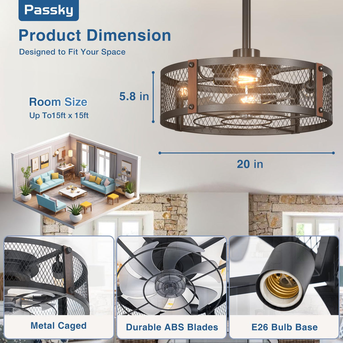 Passky 20" Caged Ceiling Fans with Lights and Remote, Low Profile Fandelier