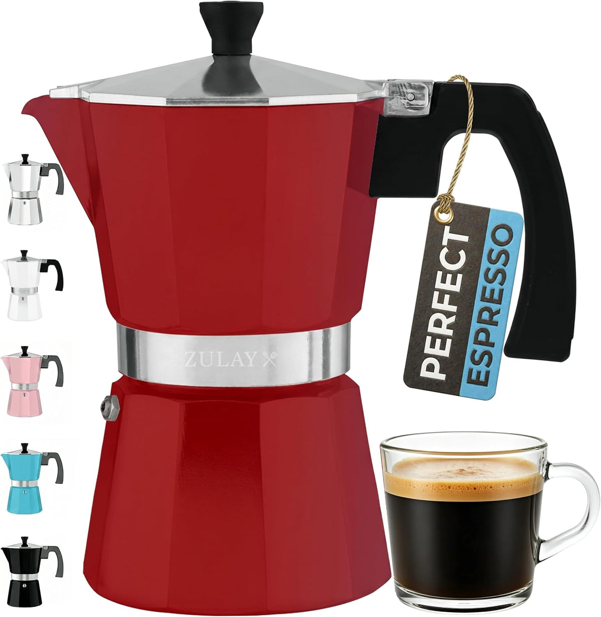 Zulay Moka Pot Espresso Stovetop Coffee Maker - Leak-Proof, Stainless Steel, Easy to Clean, Heat Resistant Handle & Knob - for Authentic Cuban & Italian Style Espresso - Makes 6 Espresso Cups - Red