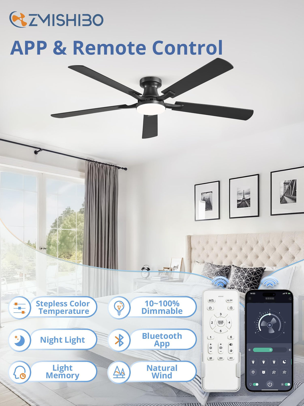ZMISHIBO 52 Inch Ceiling Fans with Lights, Remote&App Control, Flush Mount