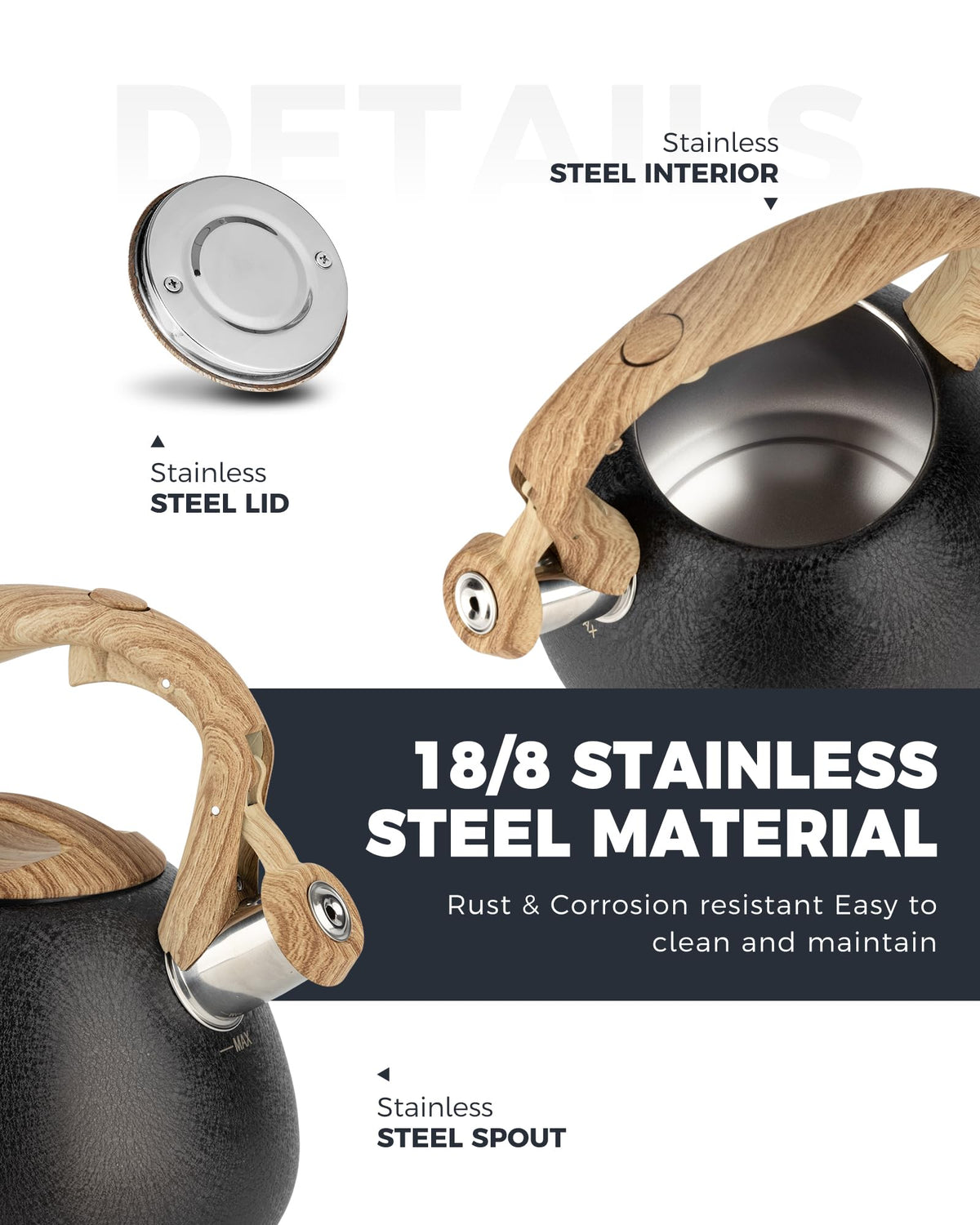 POLIVIAR Tea Kettle, 2.7 Quart Natural Stone Finish with Wood Pattern Handle Loud Whistle Food Grade Stainless Steel Teapot, Anti-Hot Handle and Anti-Rust, Suitable for All Heat Sources (JX2018-GR20)