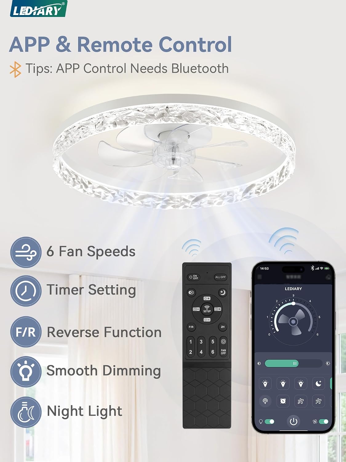 LEDIARY 20" Modern Ceiling Fans with Lights and Remote, White Fandelier