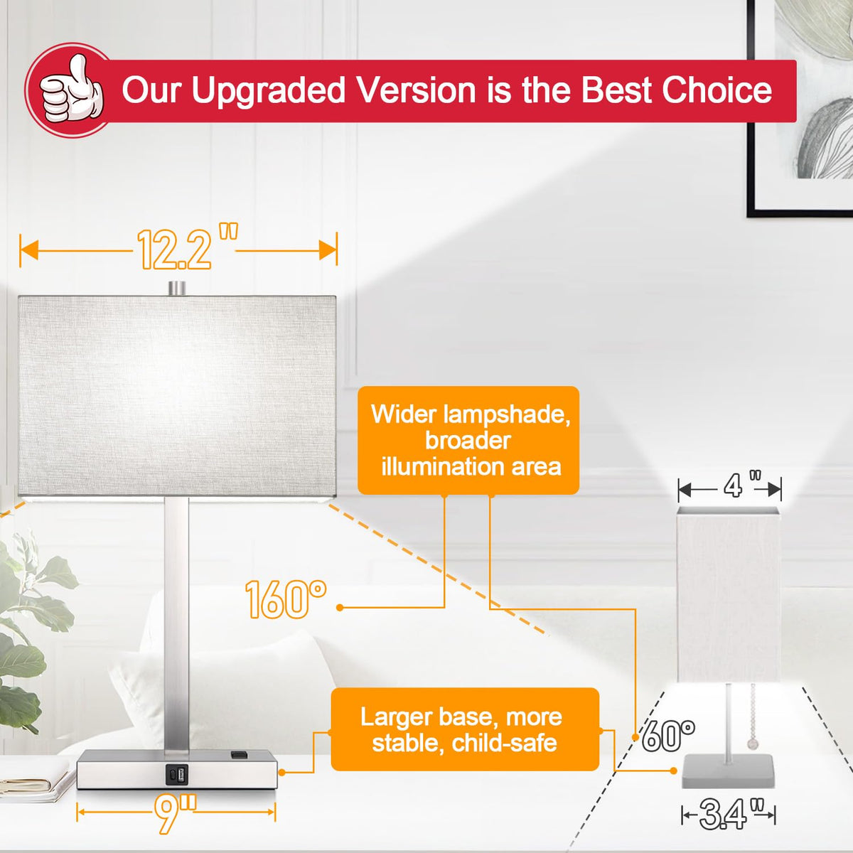 Lynnoland Set of 2 Touch Control Table Lamps with 2 USB & AC Outlet, 3-Way Dimmable Bedside Nightstand Lamps for Bedroom Living Room Nursery, 800 Lumens 5000K Daylight Bulbs Included