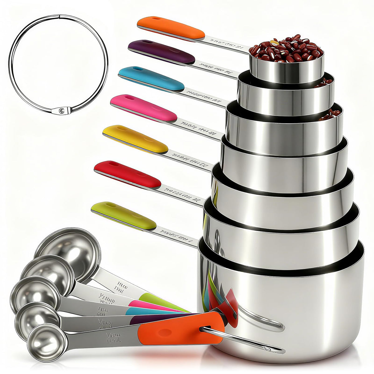 10-Pcs Stainless Steel Measuring Cups & Spoons Set, Colorful Handles