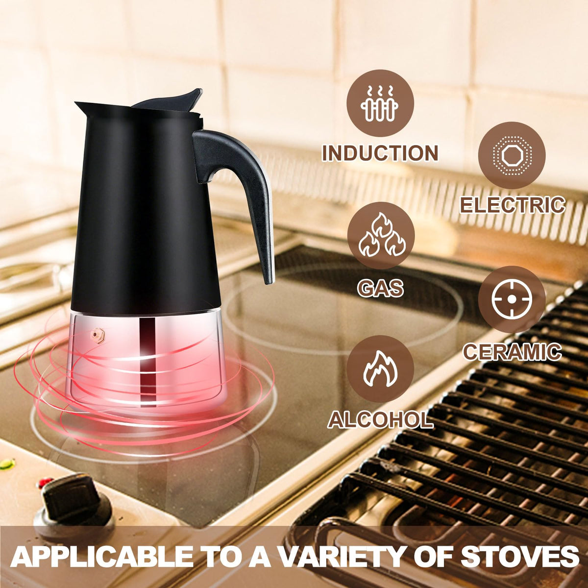 6 Cup Stovetop Espresso Maker Stainless Steel Moka Pot Stove Top Percolator Italian Coffee Makers Capable Mocha Greca Machine Cafe Classic Induction Cookers for Home and Camping 300ml 10oz