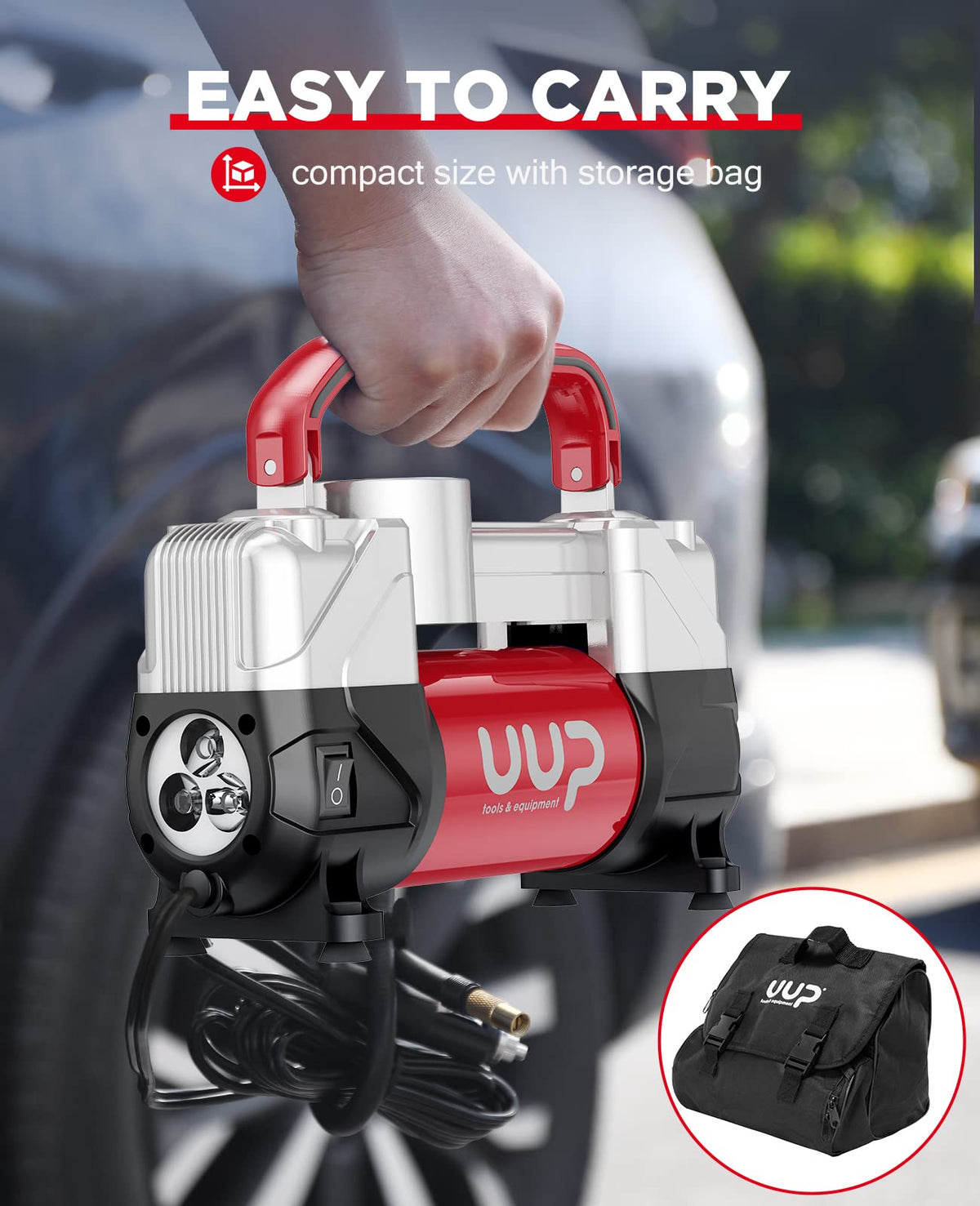 Portable 12V Air Compressor, 150 PSI Tire Inflator with Dual Cylinders