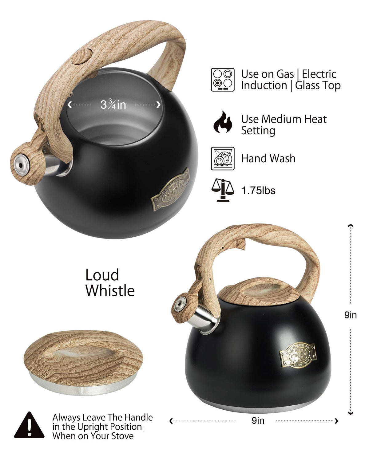 POLIVIAR Tea Kettle, 2.7 Quart Natural Stone Finish with Wood Pattern Handle Loud Whistle Food Grade Stainless Steel Teapot, Anti-Hot Handle and Anti-Rust, Suitable for All Heat Sources (JX2018-GR20)