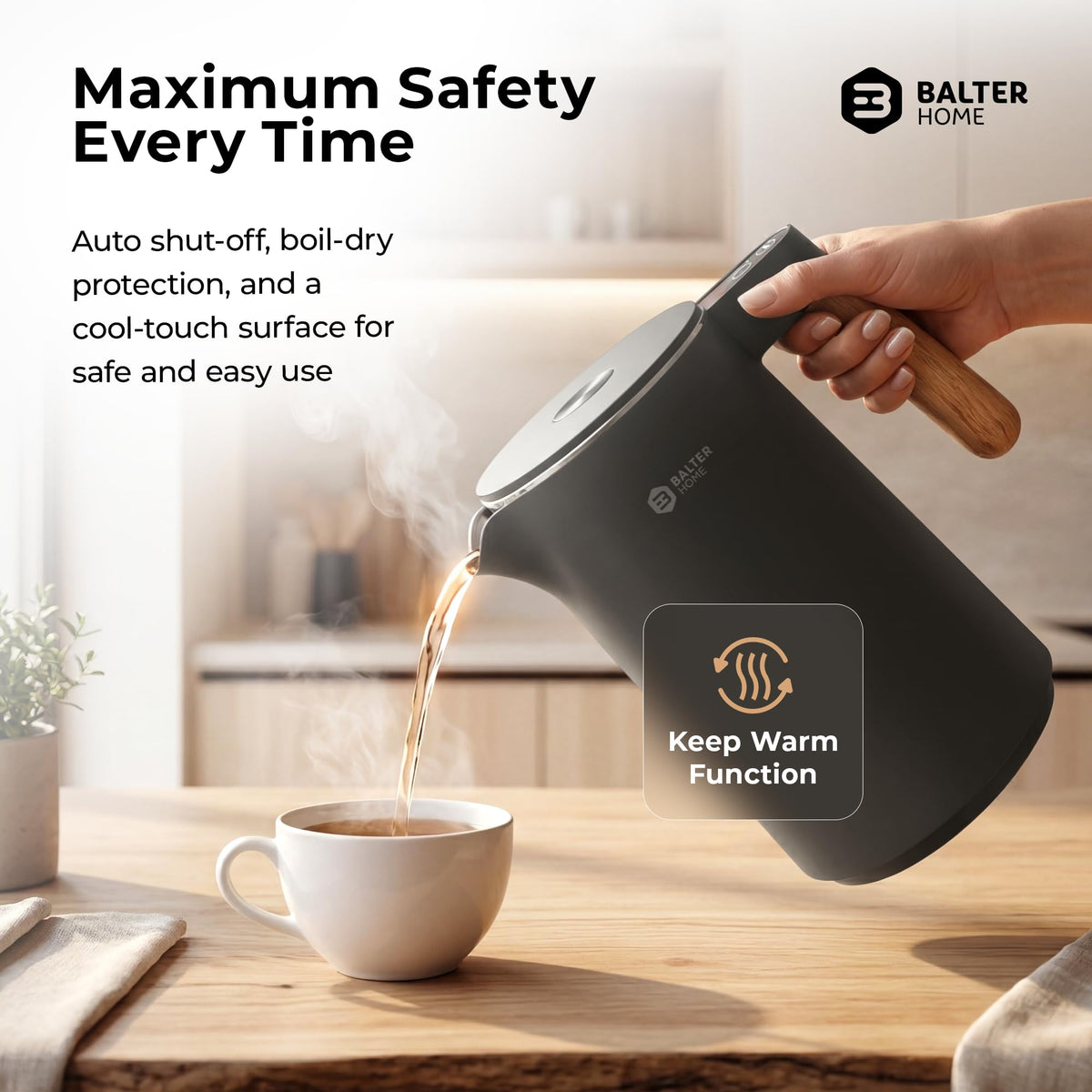 BALTER Electric Kettle with Temperature control, 113 °F – 212 °F, Tea pot, Stainless steel, double wall water kettle, BPA-free, 1.5 L, Black