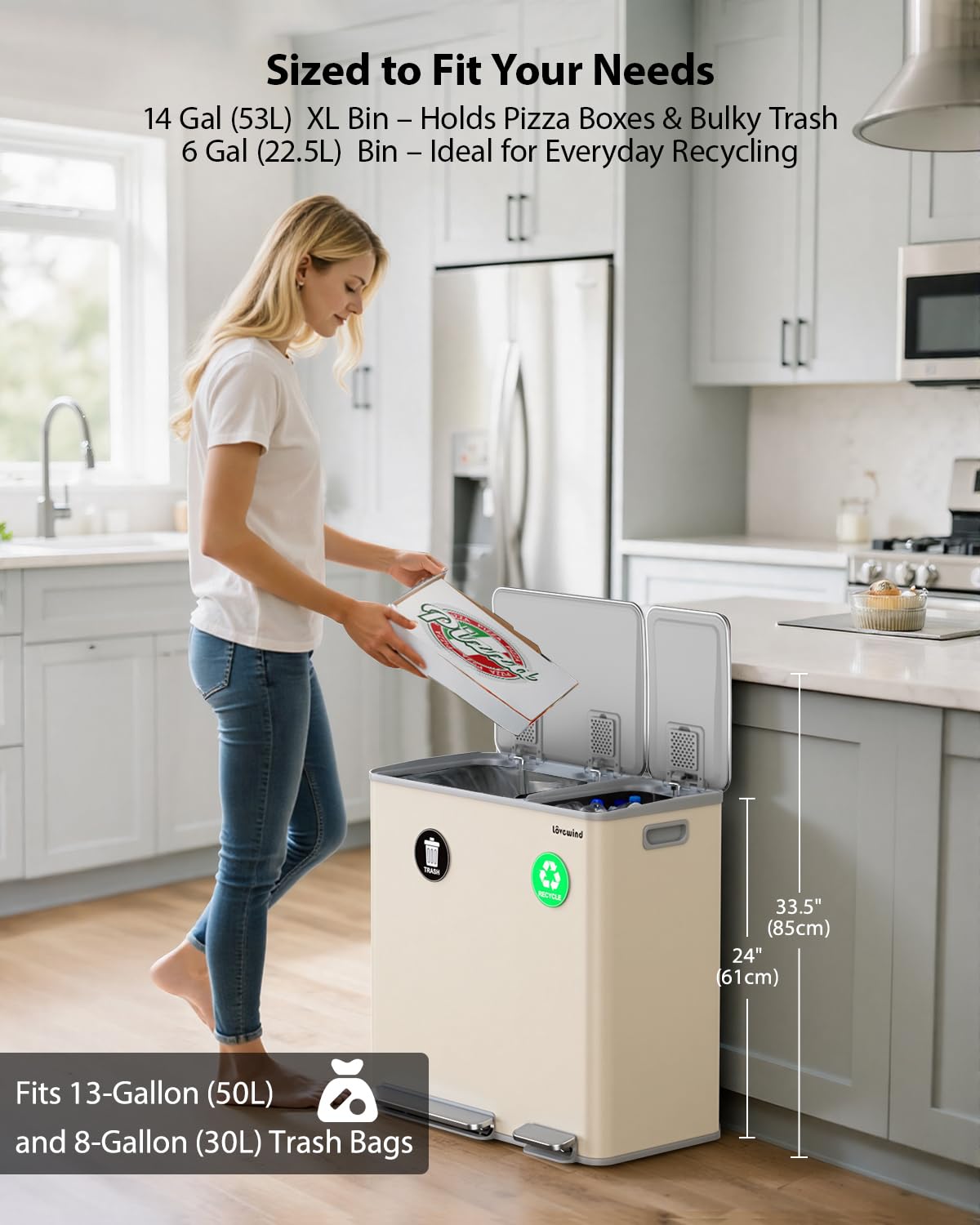 Lovewind Dual Trash and Recycling Bins for Kitchen, 2 * 11-Gallon Stainless Steel Double Trash Can, Step-On Garbage and Recycle Combo, Quiet Close, Pet-Proof, Compatible with 13-Gallon Bags, White