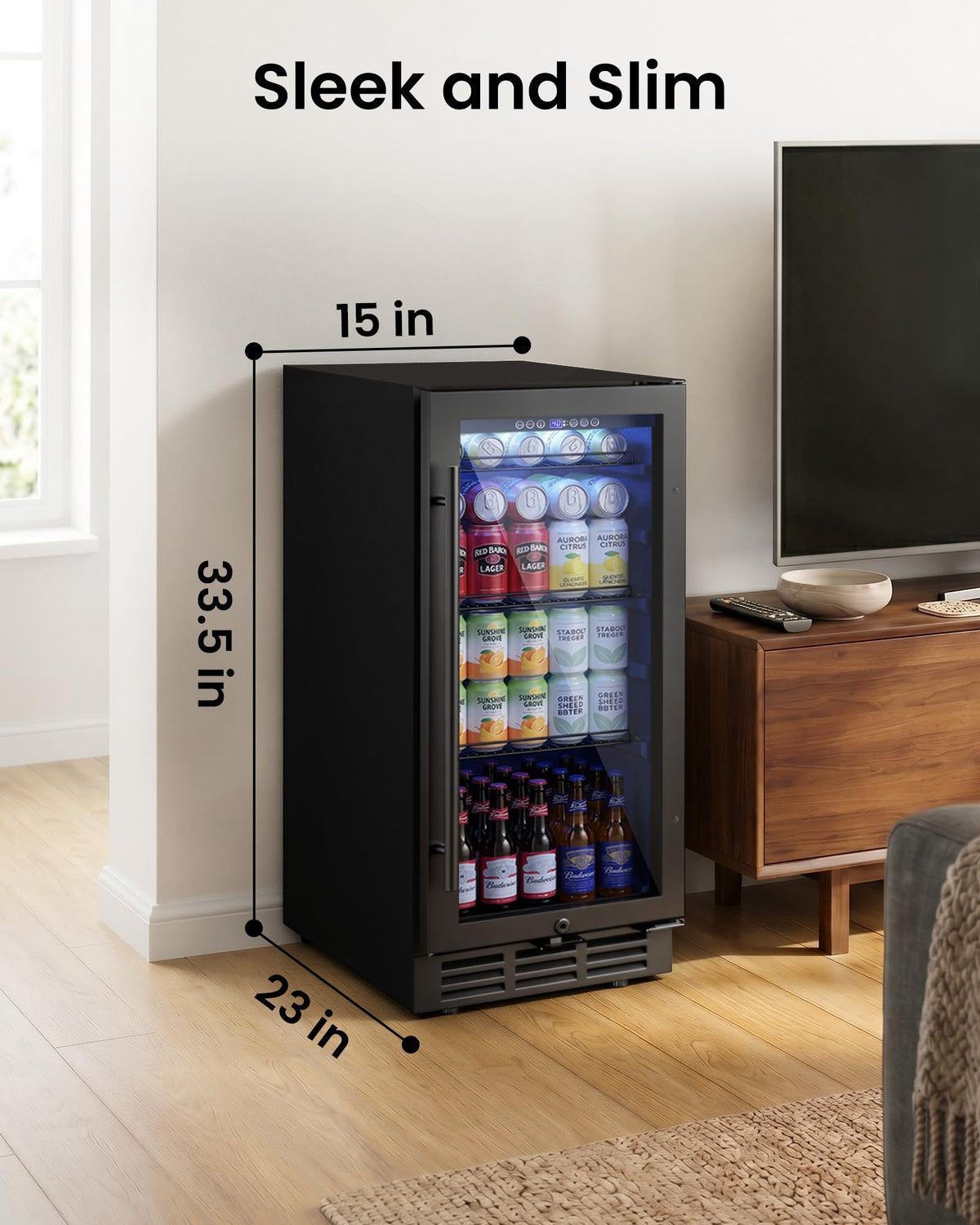 24 Inch Beverage Refrigerator 180 Cans | Under Counter Glass Door