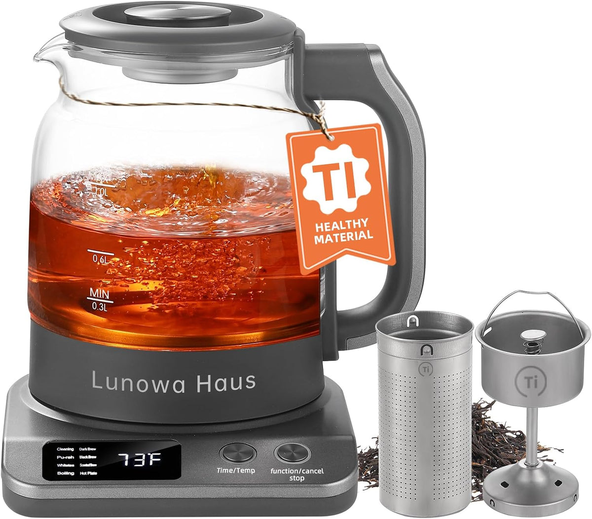 120V Titanium & Glass Electric Tea Kettle, Pro Steam Extraction for All Teas (Green, Black, Oolong), 11 Temp & 10 Strength Levels, 1.2L, 12H Keep Warm, BPA-Free, 2 Infusers