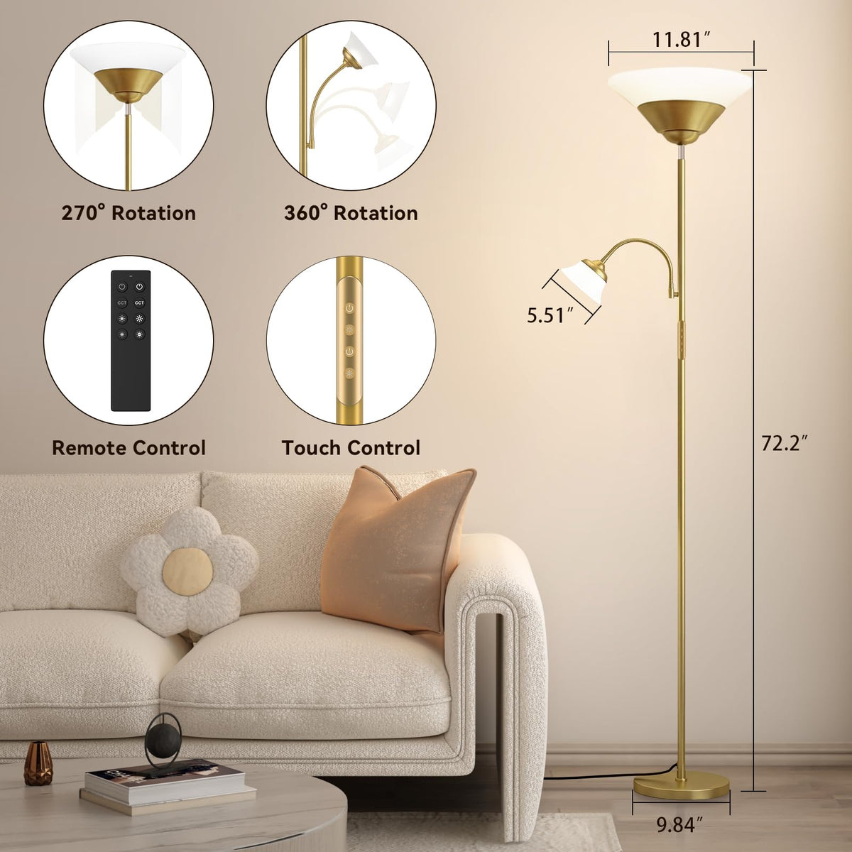 SIBRILLE 2-in-1 Torchiere Floor Lamp, 34W Super Bright LED Standing Lamp with Remote & Touch Control, 72" Dimmable Adjustable Corner Reading Lamp for Living Room, Bedroom, Office, Black