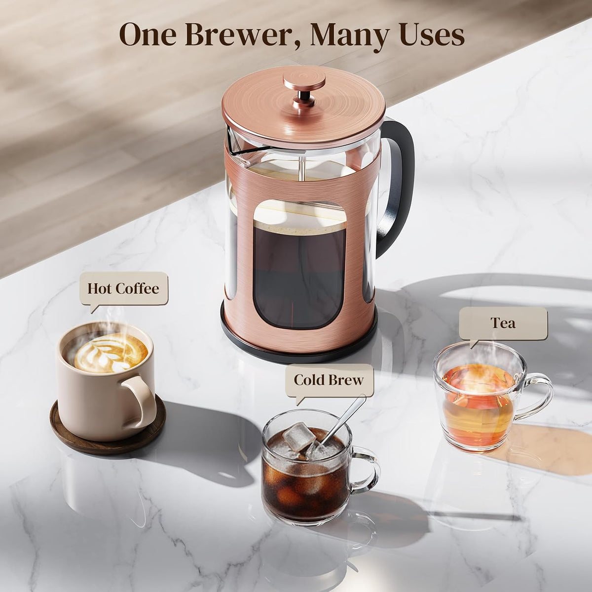 Veken 34oz French Press Coffee Maker, No Plastic Touching Cafe,1 L Cafetera