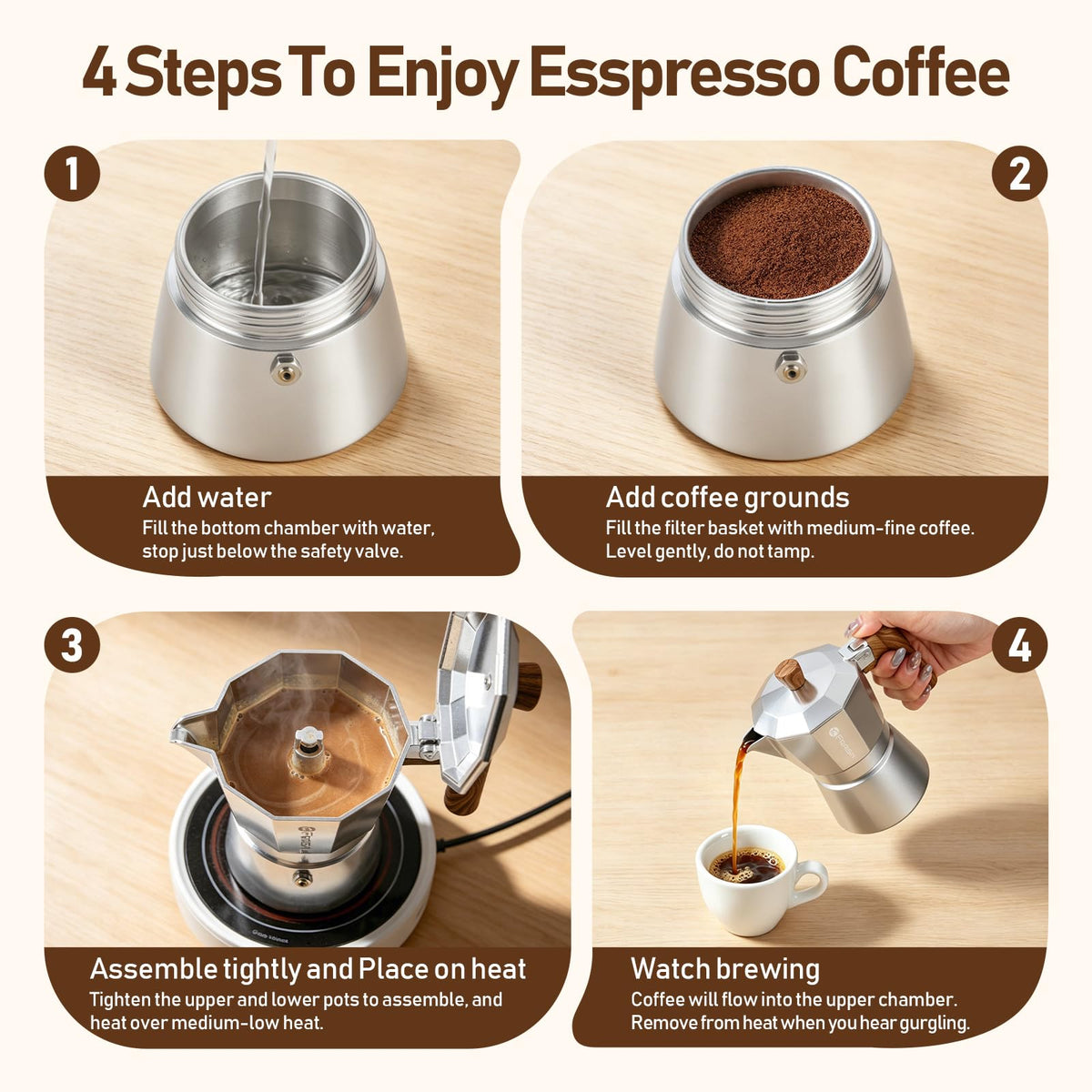 Stovetop Espresso Moka Pot Coffee Maker, Non-slip Wood Grain Handle, Cast Aluminum, Compatible with Gas, and Electric Stoves (Black, 12 cups)
