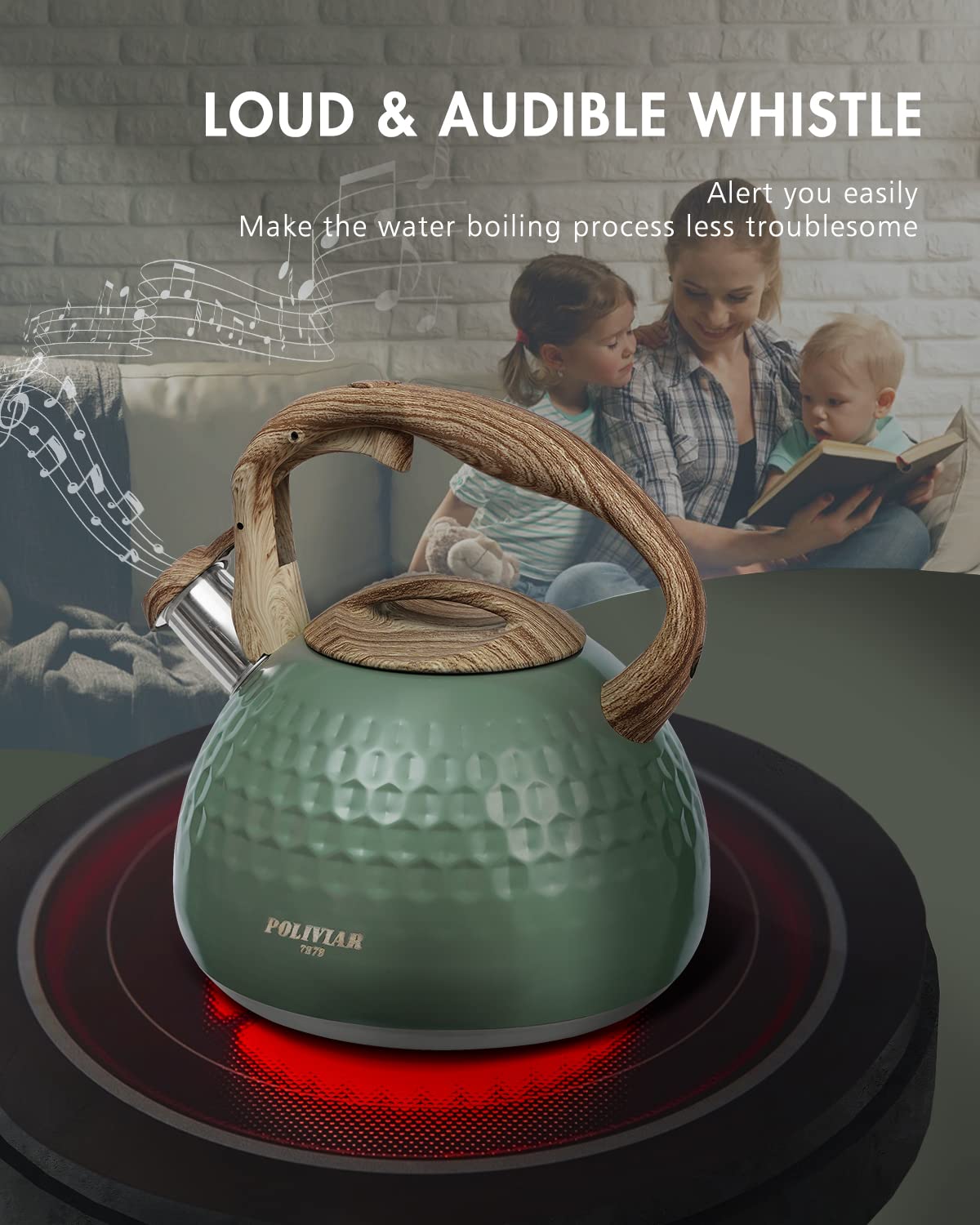 POLIVIAR Tea Kettle, 2.7 Quart Natural Stone Finish with Wood Pattern Handle Loud Whistle Food Grade Stainless Steel Teapot, Anti-Hot Handle and Anti-Rust, Suitable for All Heat Sources (JX2018-GR20)