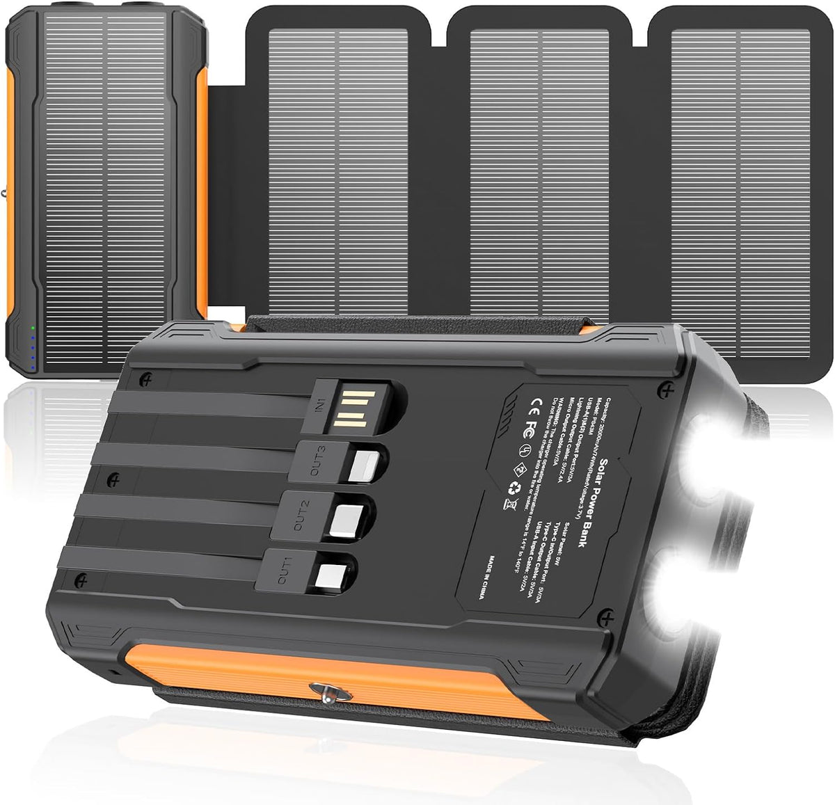 Solar Charger Power Bank 20000mAh Portable Charger Built-in 4 Cables(Micro/USB-C/Ios Output Cable,USB-A Input Cable) & 4 Solar Panels, 15W Fast Charging Battery Pack with Flashlight for Camping Travel