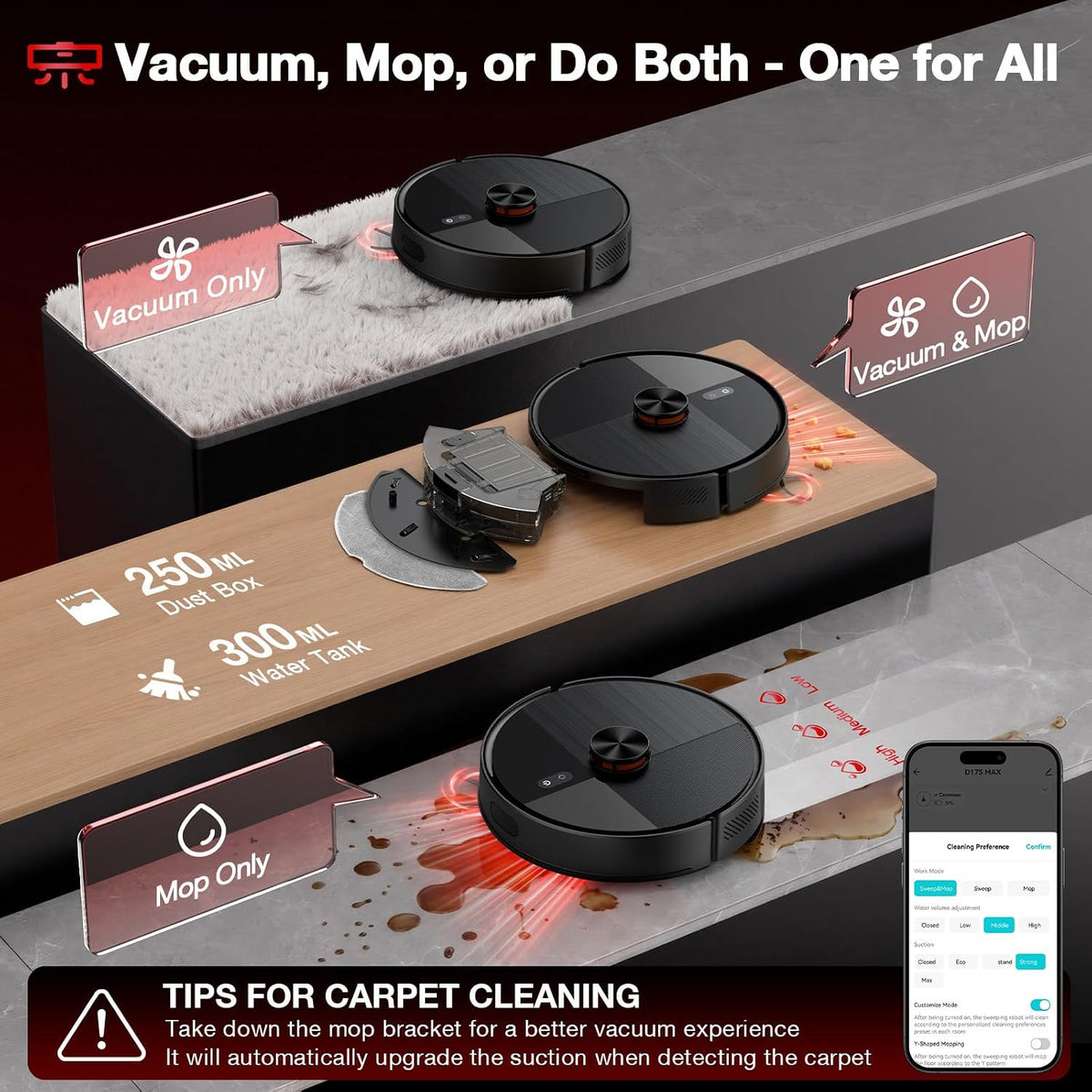 Robot Vacuum and Mop Combo, 12,000 Pa Strong Suction, dToF Laser Navigation with 5 Maps, 90 Days Self-Empty, App Control, Anti-Tangle Brush, for Pet Hair Carpet & Hard Floor