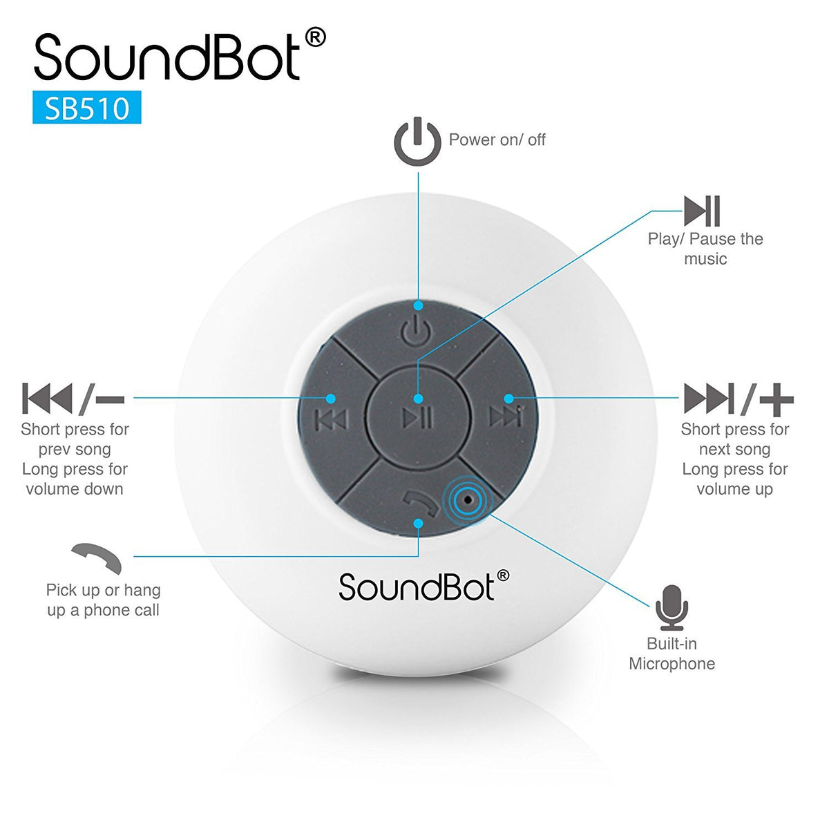 Soundbot® Waterproof Shower Speaker HD Water Resistant Bluetooth Handsfree Portable with Loud Clear Sounds 6+hrs of Playtime, Wireless Suction Cup Small Durable for Outdoors Travel Home SB510 (Black)