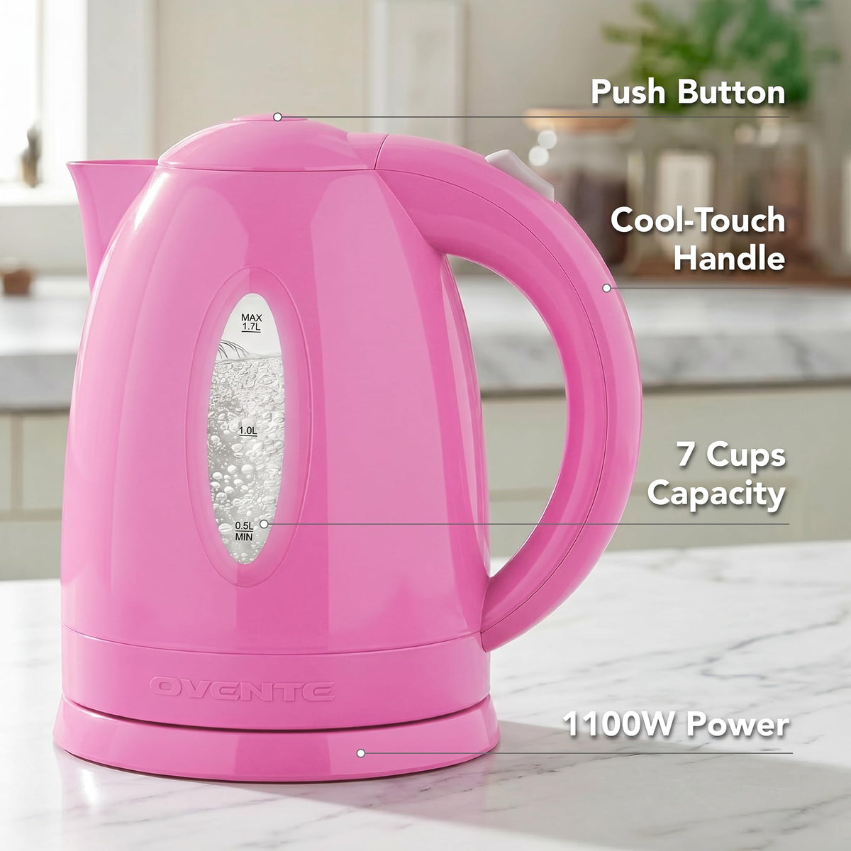 OVENTE 1.7L Electric Tea Kettle, Fast Boiling Water Heater, White KP72W