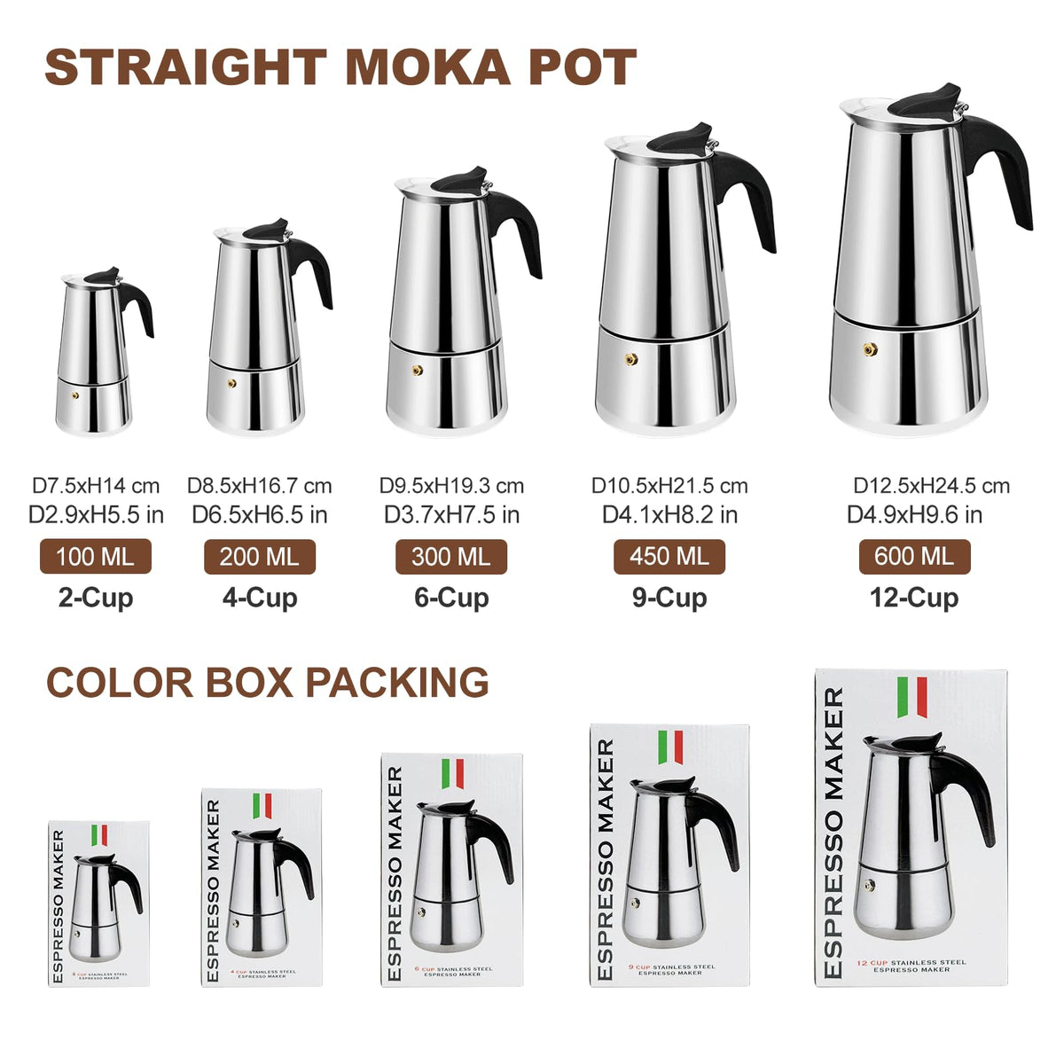 6 Cup Stovetop Espresso Maker Stainless Steel Moka Pot Stove Top Percolator Italian Coffee Makers Capable Mocha Greca Machine Cafe Classic Induction Cookers for Home and Camping 300ml 10oz