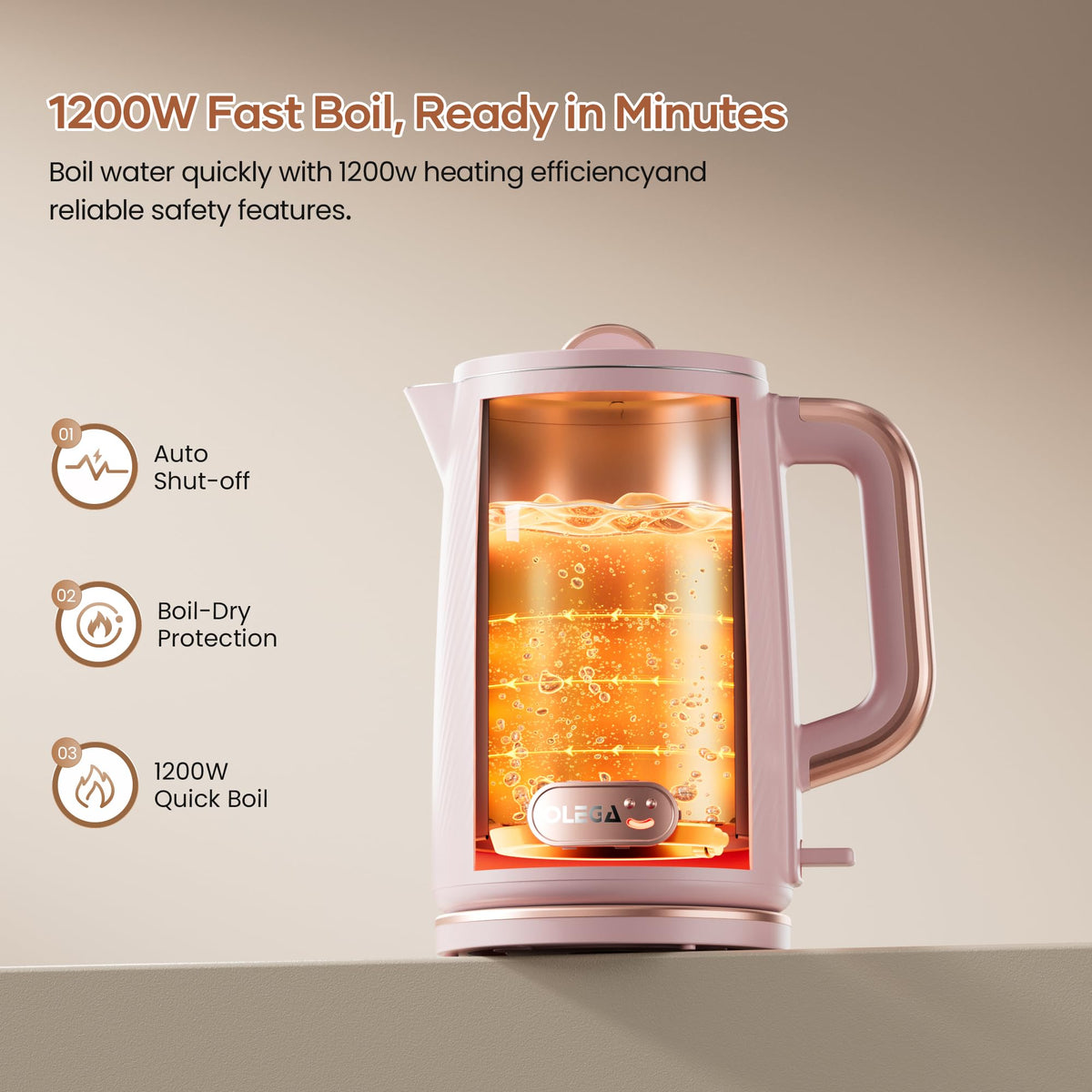 OLEGA Electric Kettle: 1200W Fast Boil Electric Water Kettles, 1.5L Double Wall Stainless Steel Tea Kettle, Auto Shut-Off, BPA-Free Hot Water Boiler Teapot for Coffee & Tea -Ligth Green