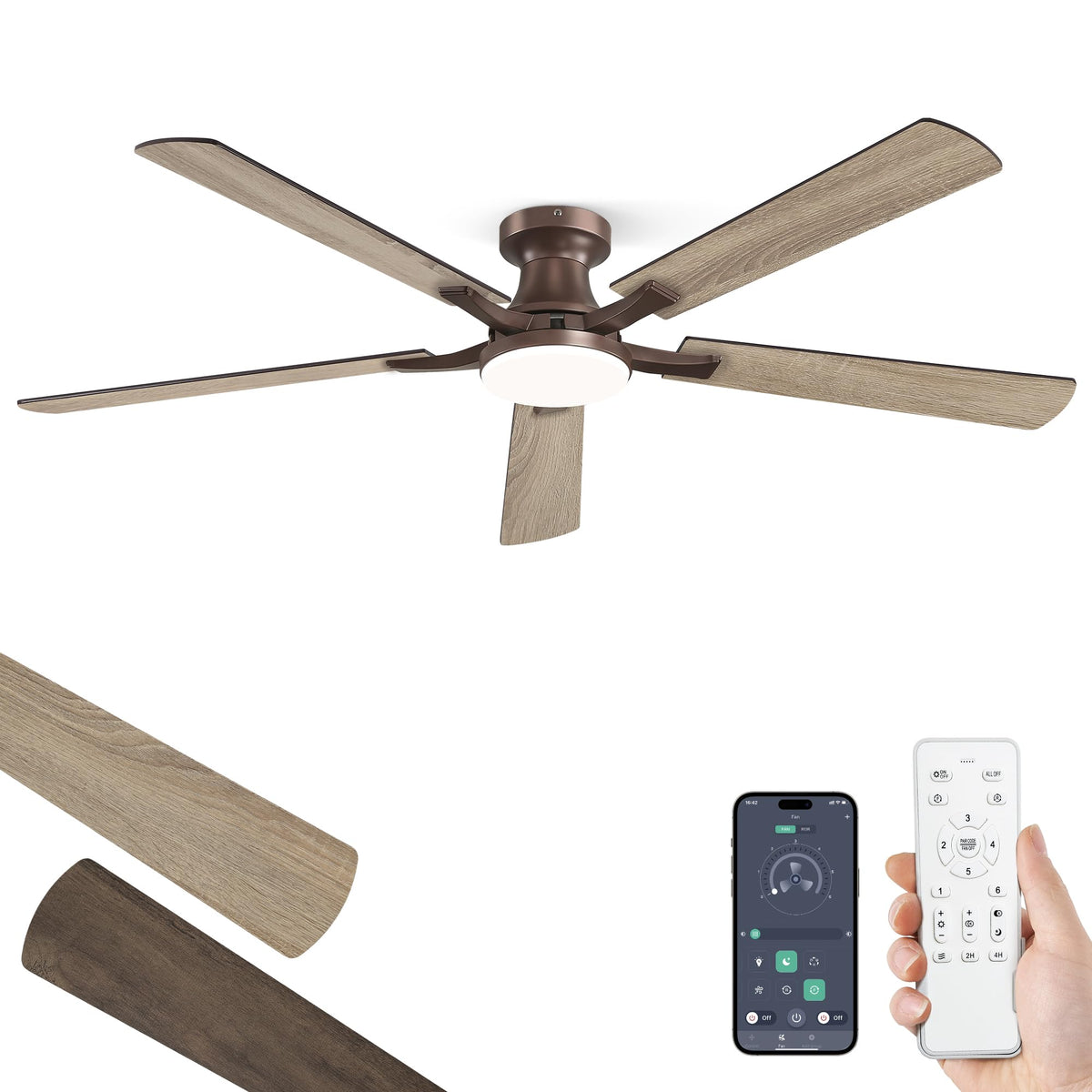 ZMISHIBO 52 Inch Ceiling Fans with Lights, Remote&App Control, Flush Mount