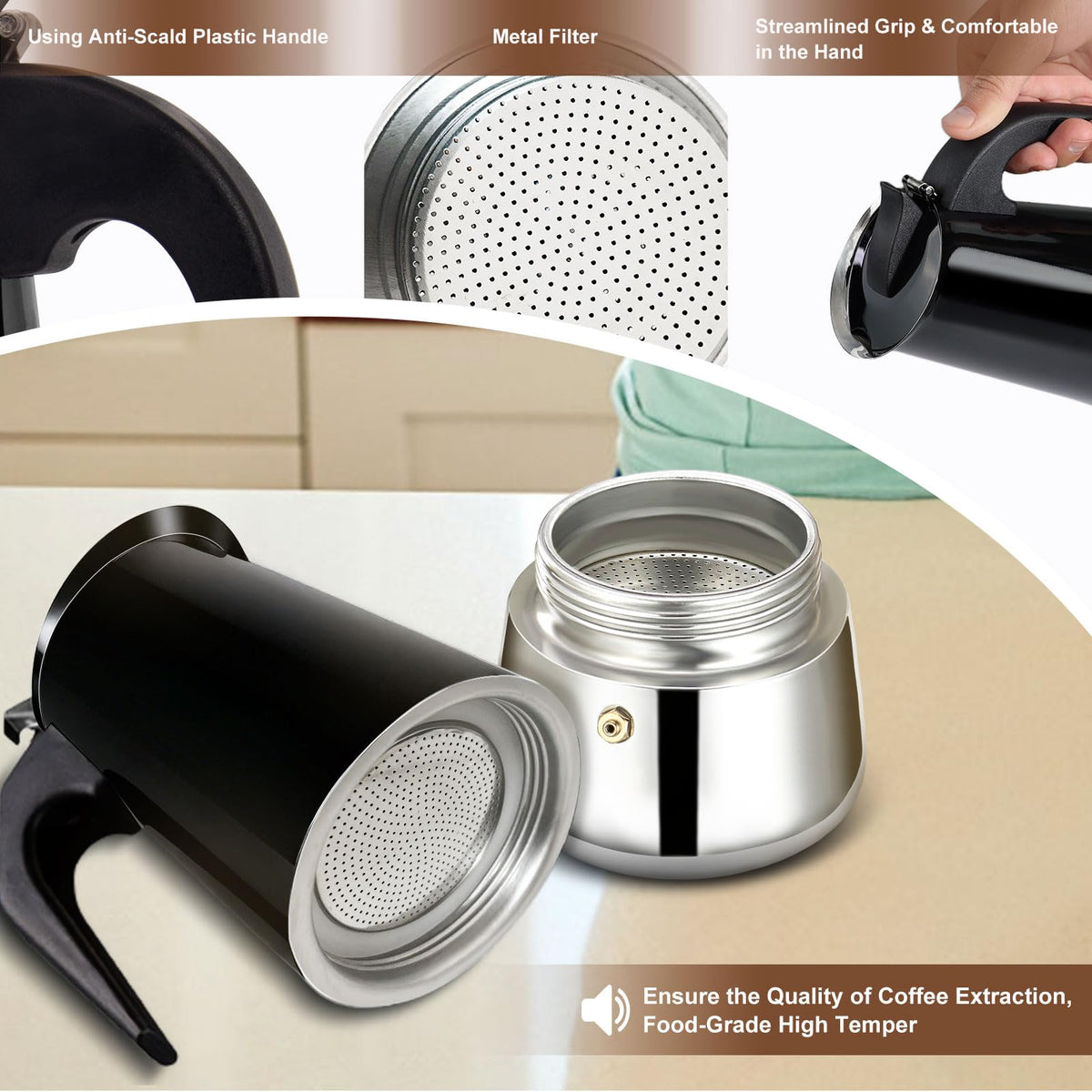 6 Cup Stovetop Espresso Maker Stainless Steel Moka Pot Stove Top Percolator Italian Coffee Makers Capable Mocha Greca Machine Cafe Classic Induction Cookers for Home and Camping 300ml 10oz