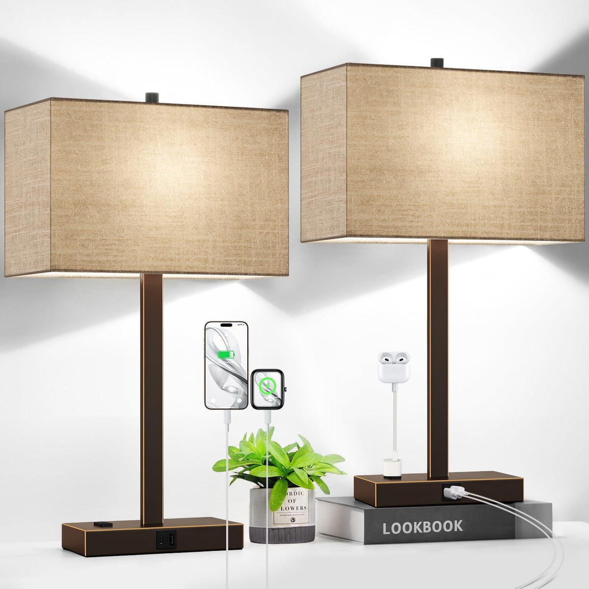 Lynnoland Set of 2 Touch Control Table Lamps with 2 USB & AC Outlet, 3-Way Dimmable Bedside Nightstand Lamps for Bedroom Living Room Nursery, 800 Lumens 5000K Daylight Bulbs Included